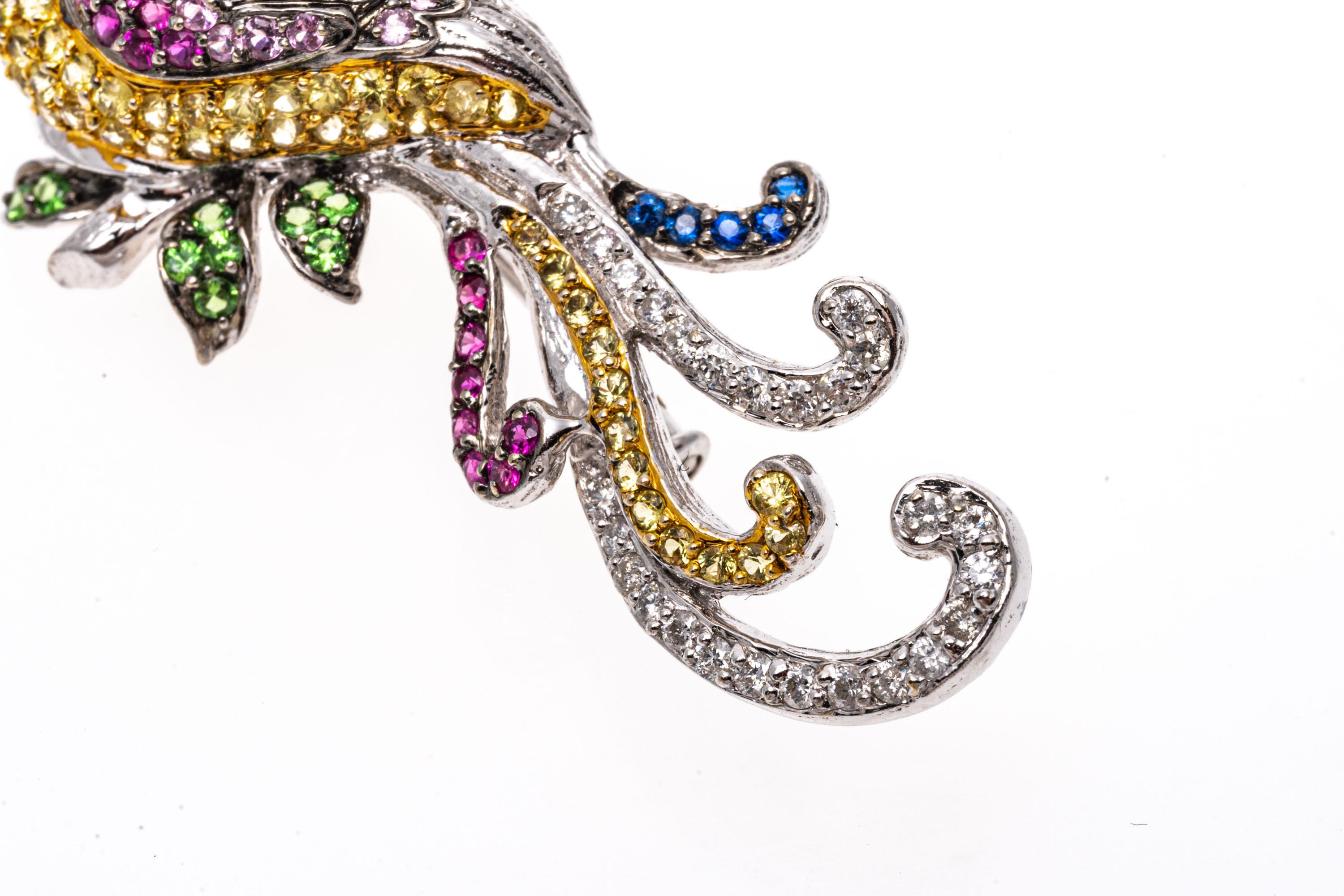 Broche et pendentif oiseau de paradis en or 18 carats, saphirs multicolores et diamants en vente 4