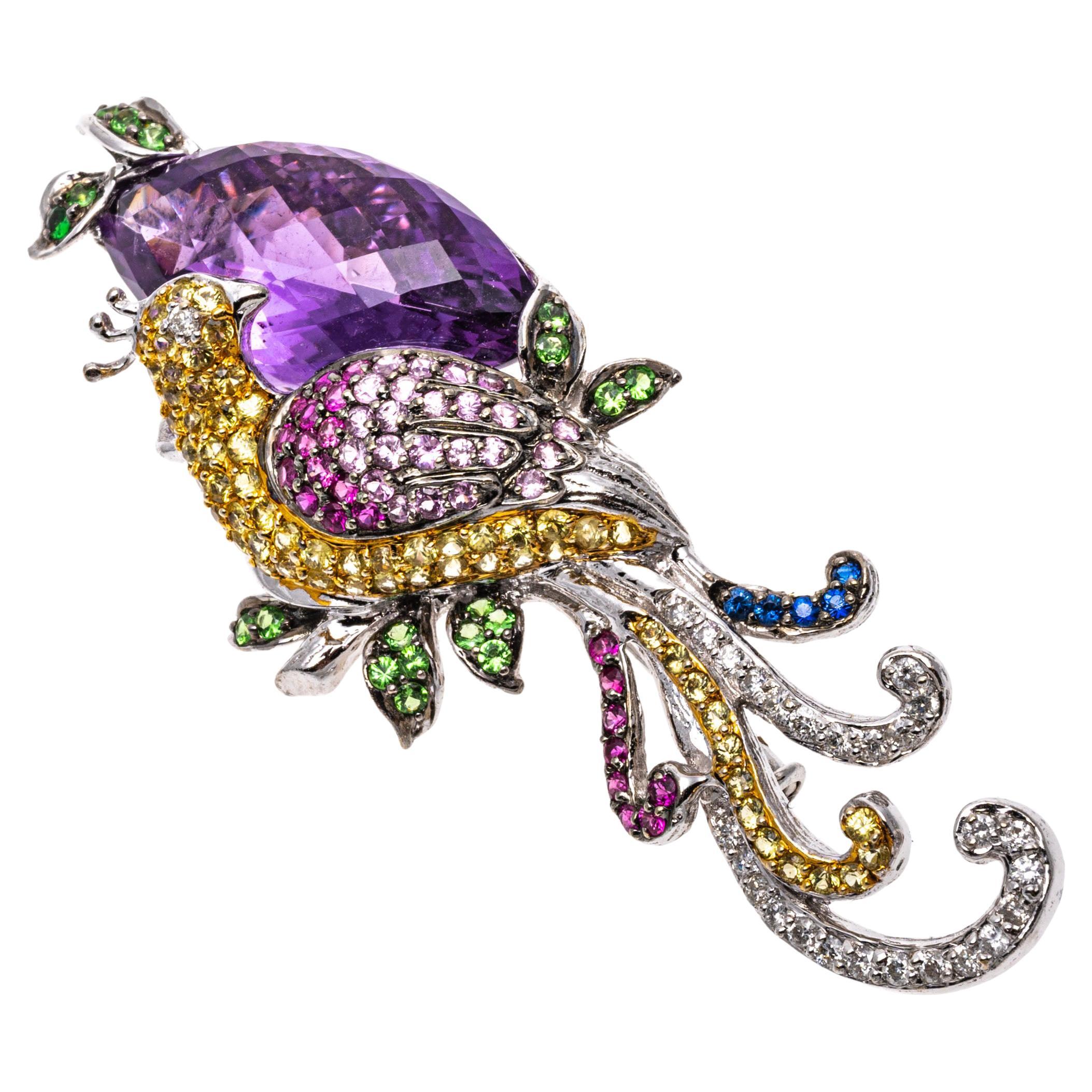 18k Gold Multi Color Sapphire and Diamond Bird of Paradise Brooch and Pendant For Sale