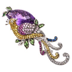 Vintage 18k Gold Multi Color Sapphire and Diamond Bird of Paradise Brooch and Pendant