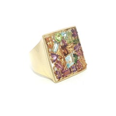 18k Gold Multi Color Shape Gemstones & Diamond Mosaic Wide Platter Ring