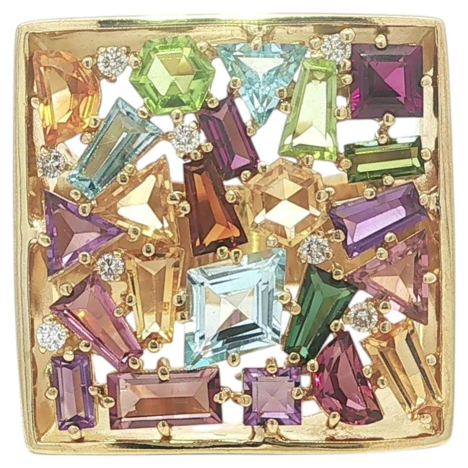 Bague large en forme de plateau, en or 18 carats, ornée d'une mosaïque de pierres précieuses multicolores de différentes formes et de diamants