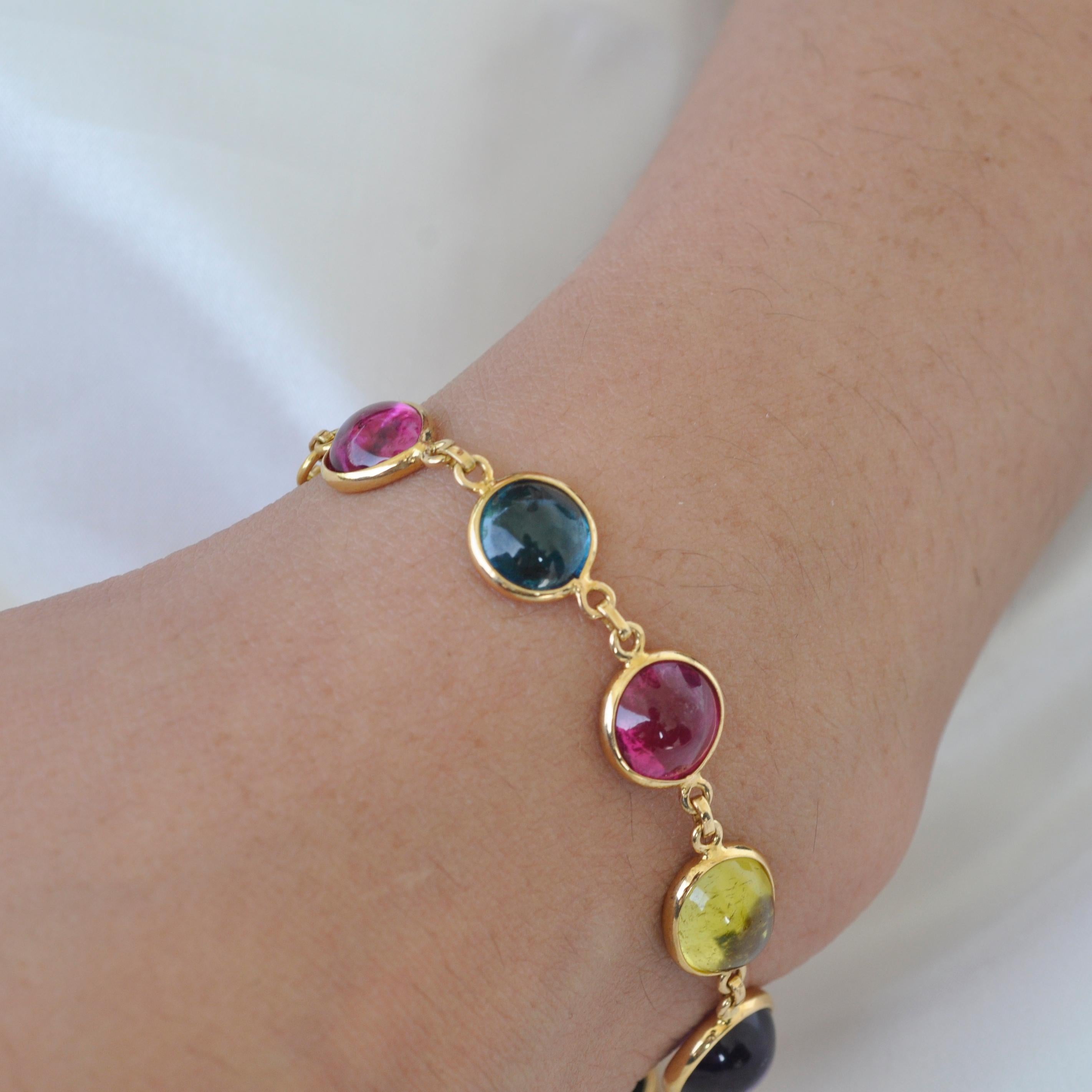 Celebrate colors.... Don't keep this bracelet in your locker box - these are meant to be worn!!! This colorful multi-color tourmaline, citrine and amethyst bracelet in 18k yellow gold with 20.06 cts of natural multi-color gemstones. And with all