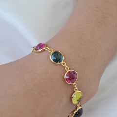 18 Karat Gold Multi-Color Tourmaline Citrine Amethyst Cabochon Gemstone Bracelet