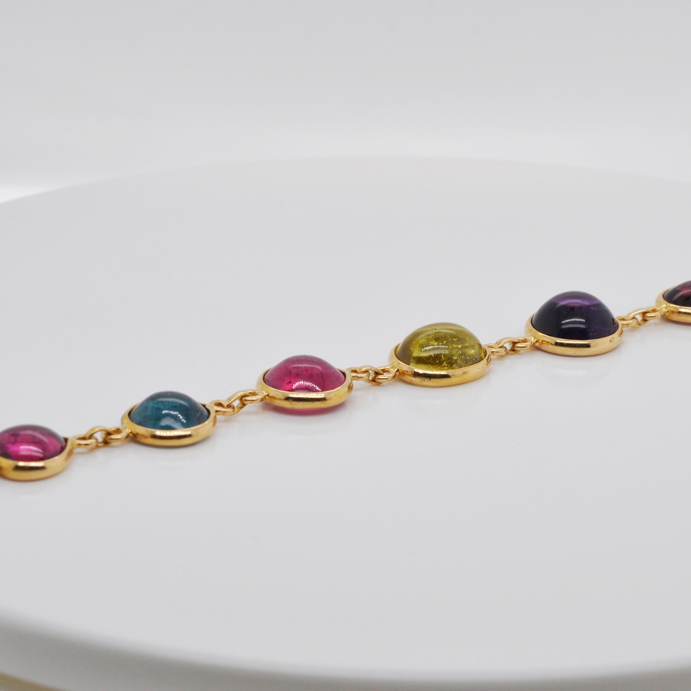 Contemporary 18 Karat Gold Multi-Color Tourmaline Citrine Amethyst Cabochon Gemstone Bracelet For Sale