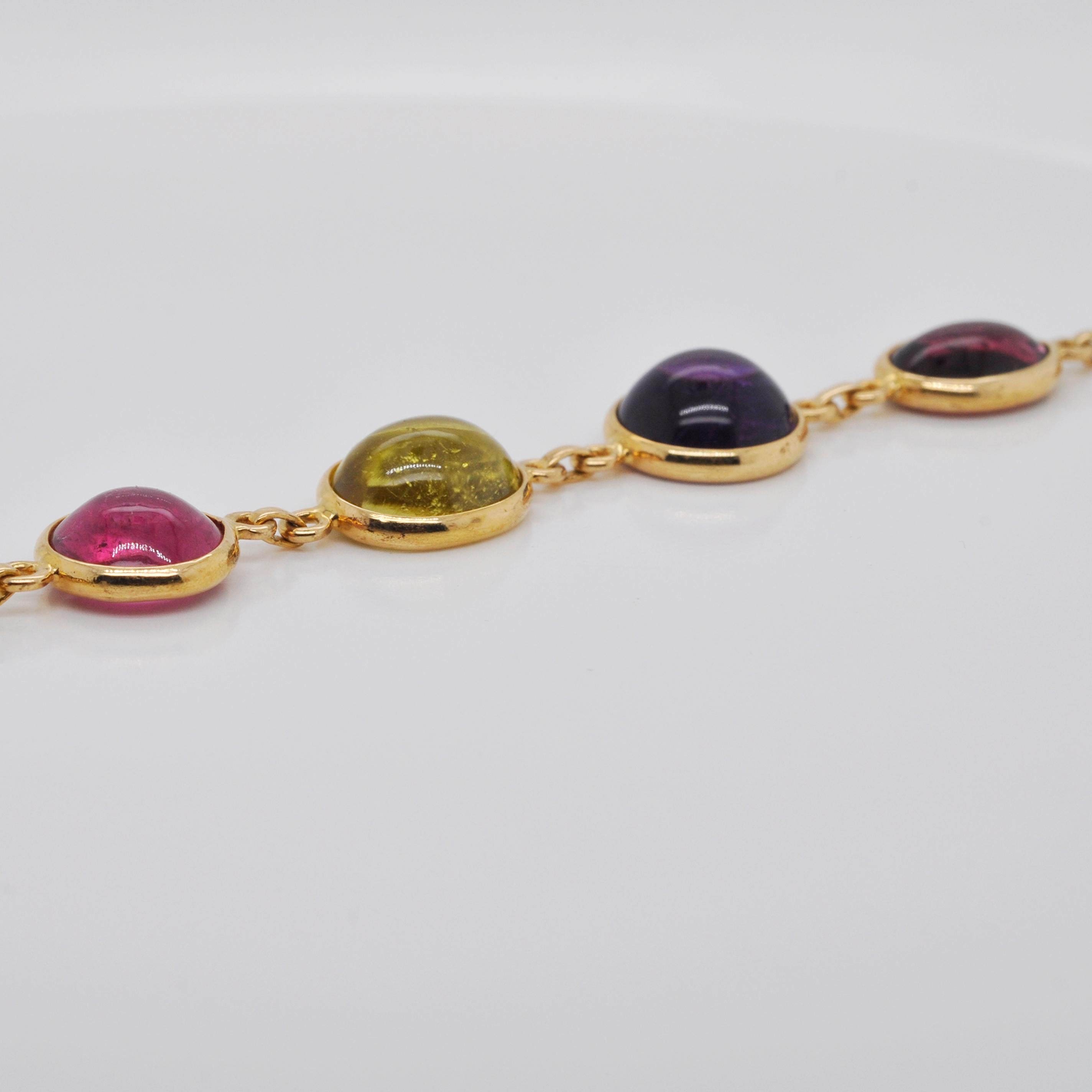 Women's 18 Karat Gold Multi-Color Tourmaline Citrine Amethyst Cabochon Gemstone Bracelet For Sale