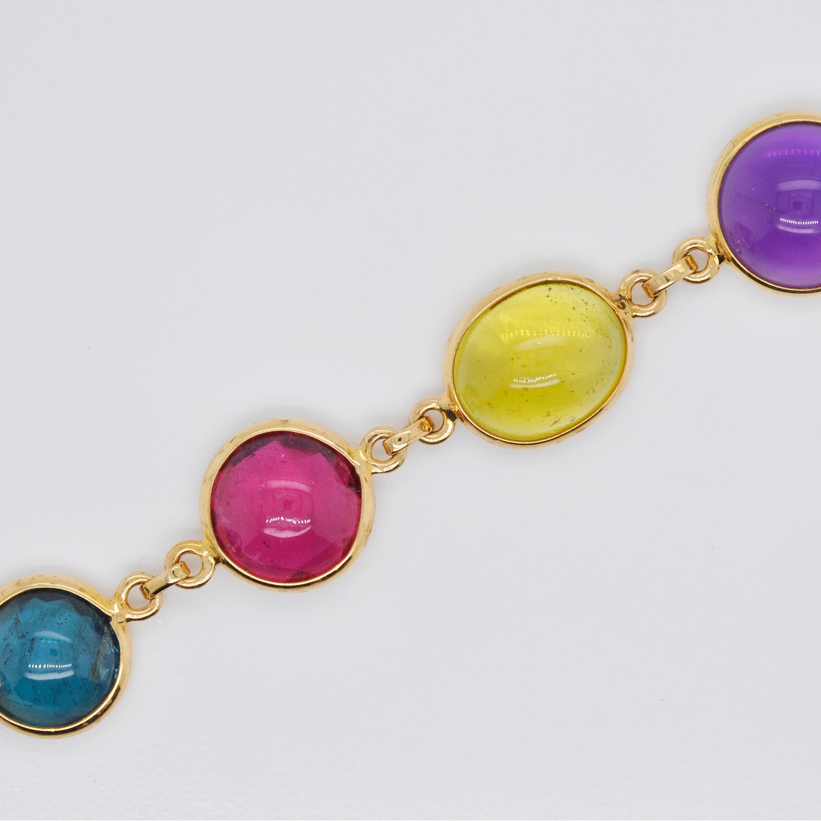 18 Karat Gold Multi-Color Tourmaline Citrine Amethyst Cabochon Gemstone Bracelet For Sale 1