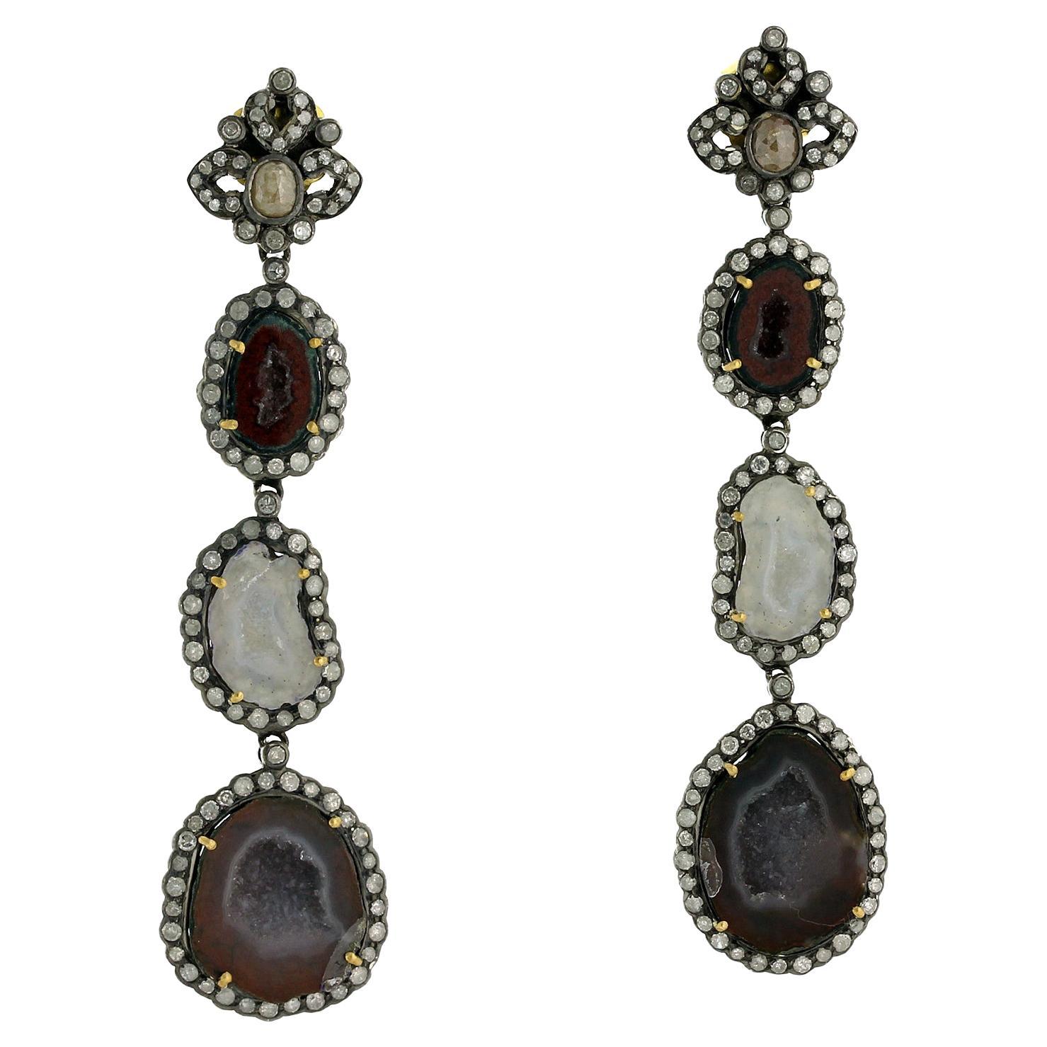 18k Gold Multi-Colored Geode Dangle Earrings with Pave Diamonds For Sale