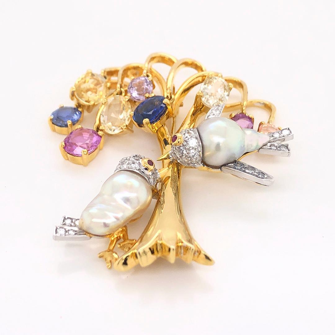 Contemporary 18k Gold Multi-Colored Sapphire Brooch with Pearls and Diamonds For Sale