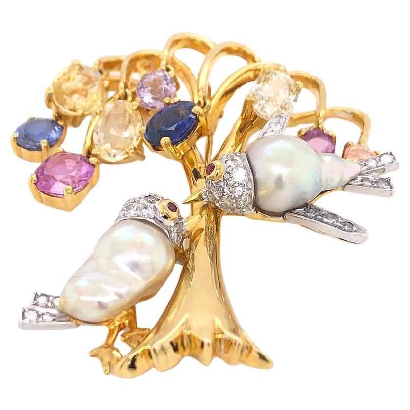 18k Gold Multi-Colored Sapphire Brooch with Pearls and Diamonds For Sale