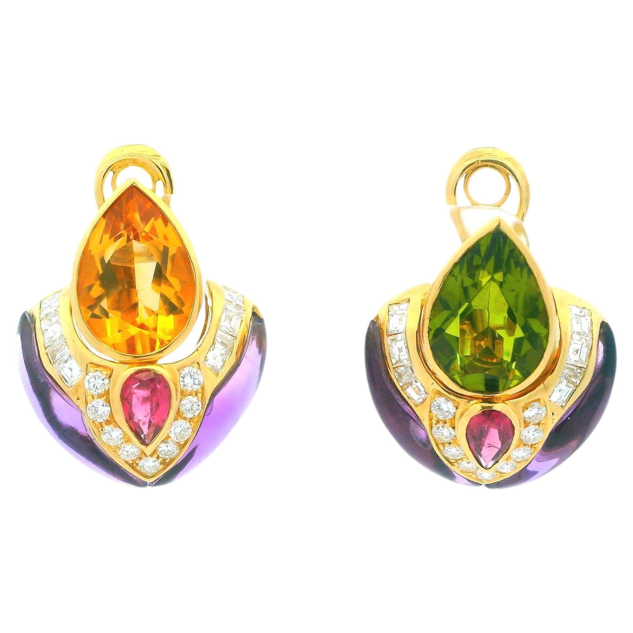 18K Gold Multi-Gemstone Drop Earrings Peridot, Citrine, Amethyst, and Diamond For Sale
