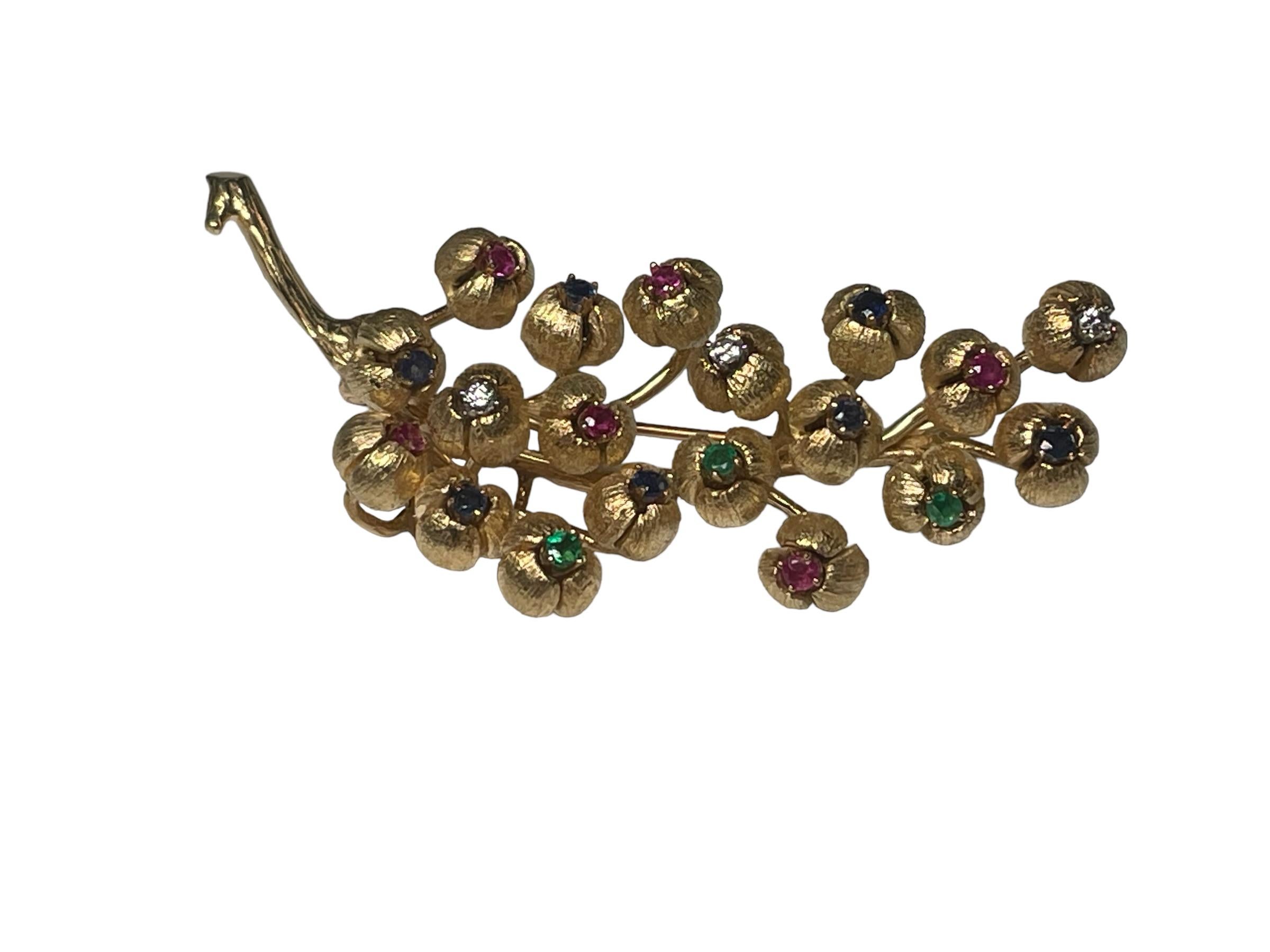 18K Gold Multi Gemstones Diamonds Lilies of the Valley Brooch For Sale 3