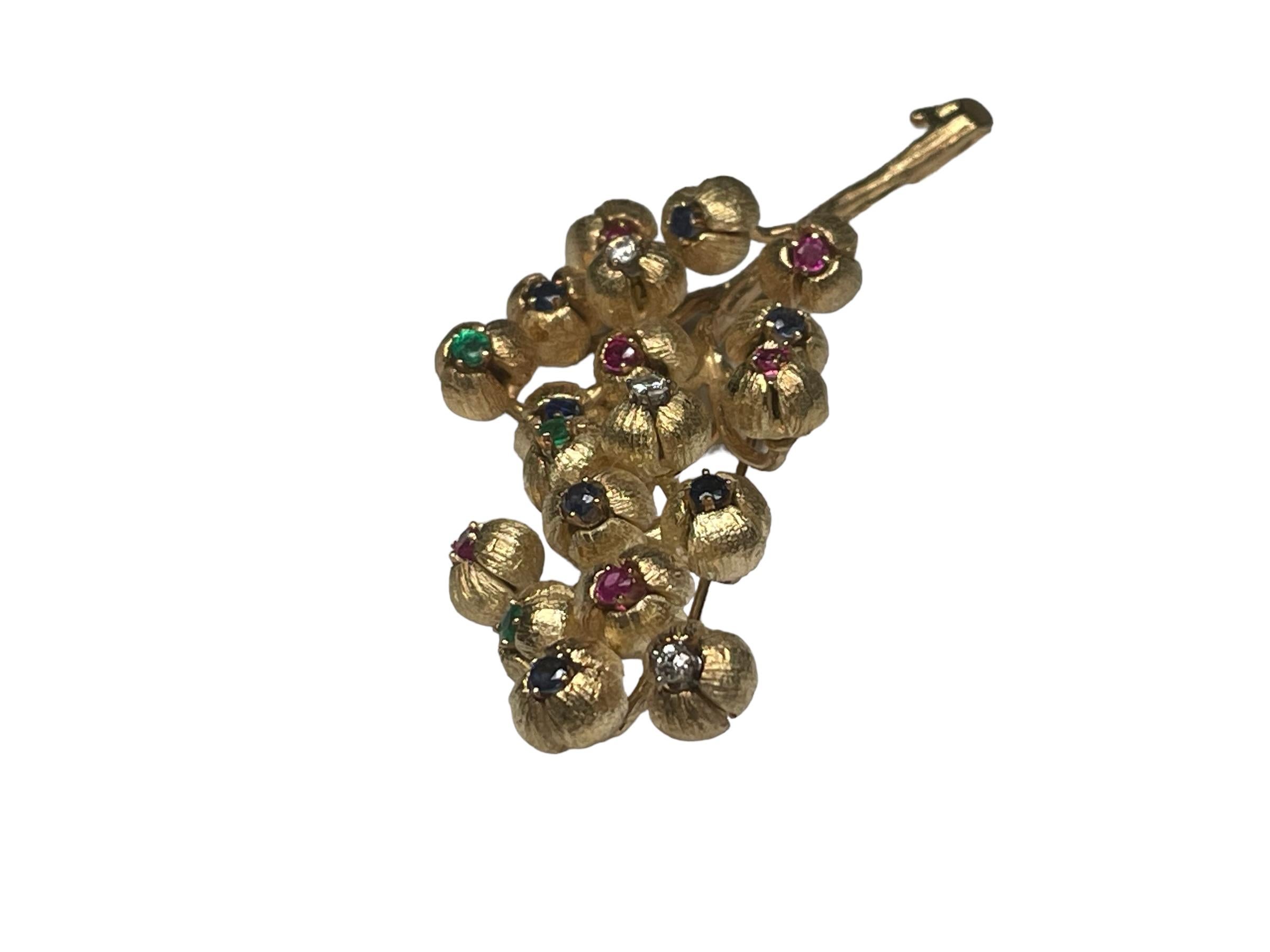 18K Gold Multi Gemstones Diamonds Lilies of the Valley Brooch For Sale 6
