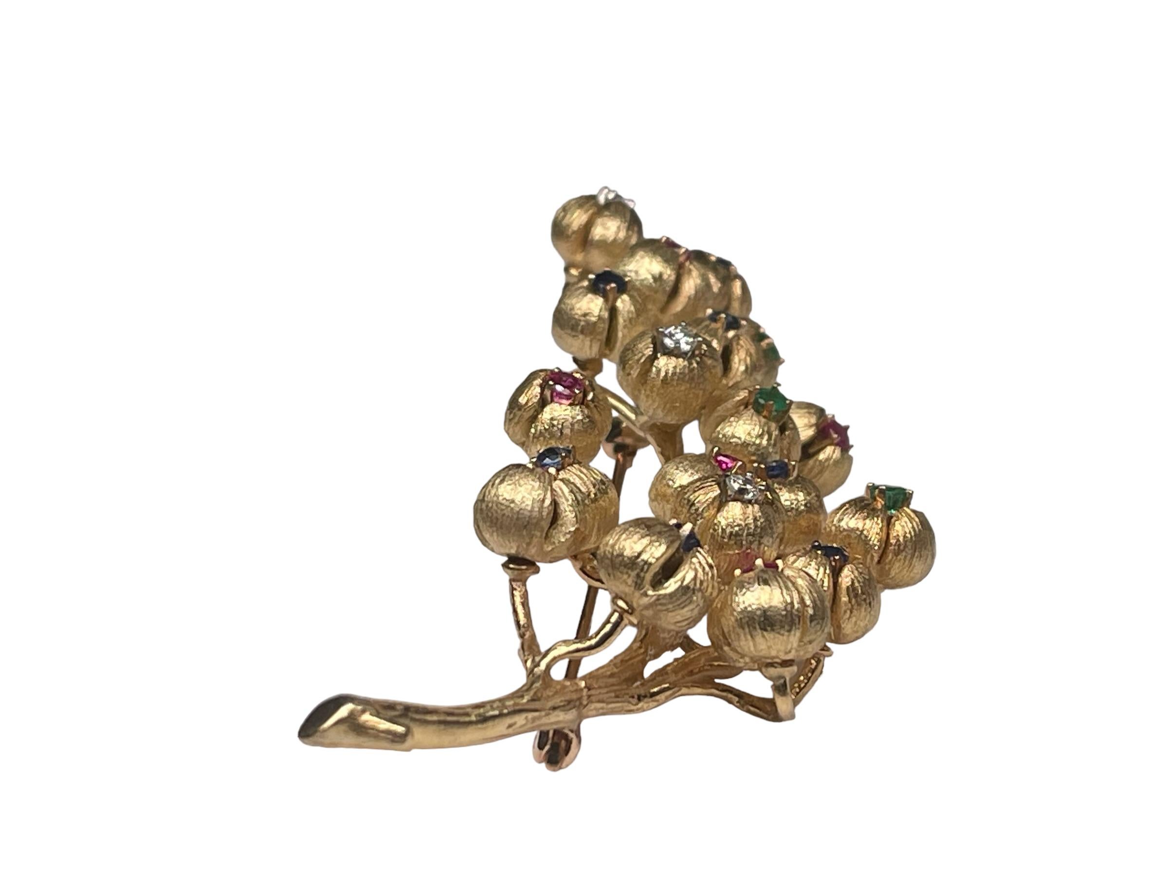 18K Gold Multi Gemstones Diamonds Lilies of the Valley Brooch For Sale 8