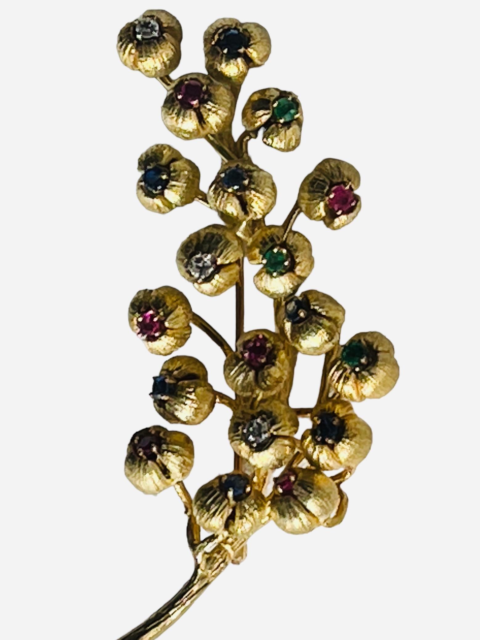 Art Nouveau 18K Gold Multi Gemstones Diamonds Lilies of the Valley Brooch For Sale