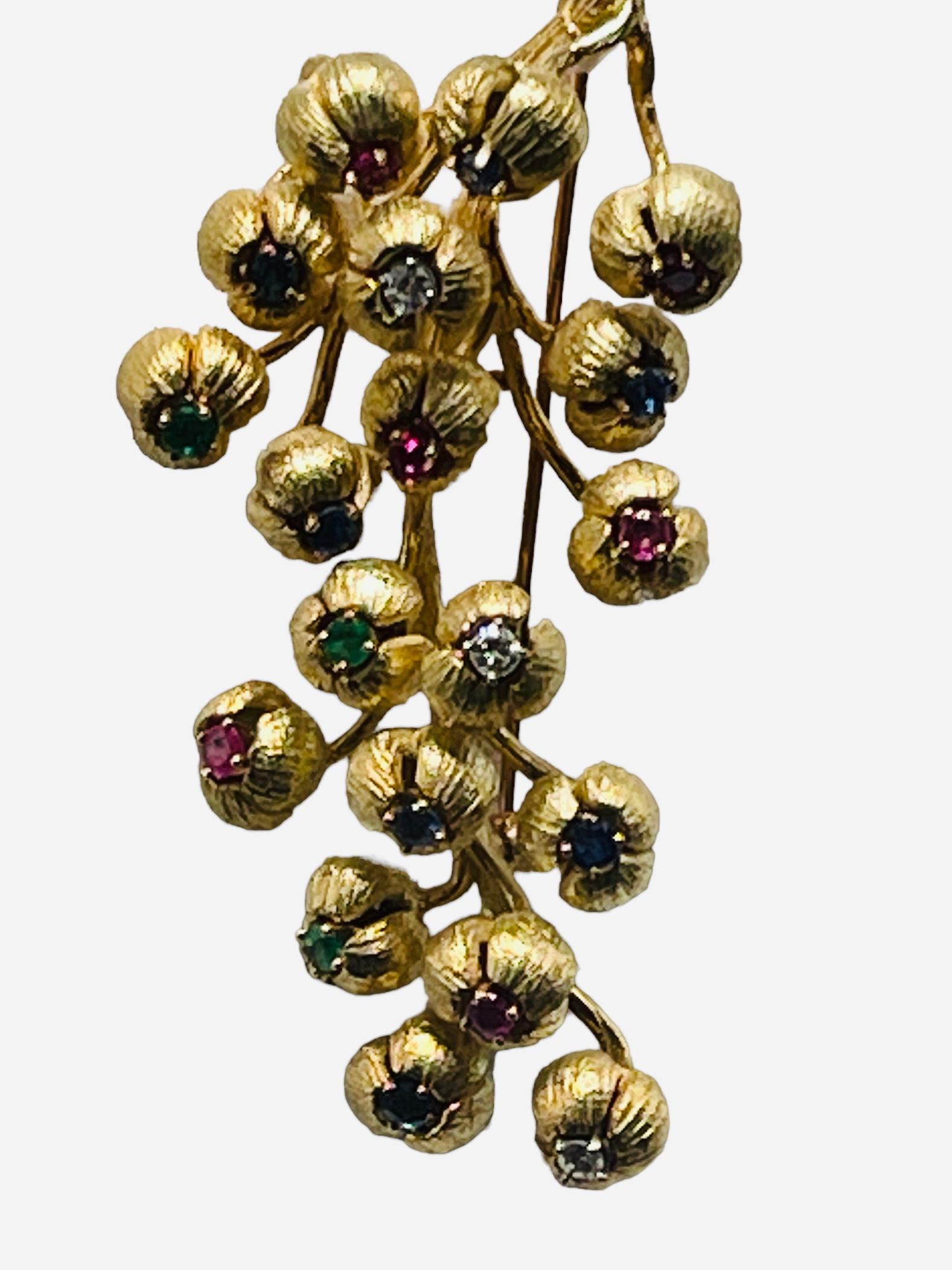 Round Cut 18K Gold Multi Gemstones Diamonds Lilies of the Valley Brooch For Sale