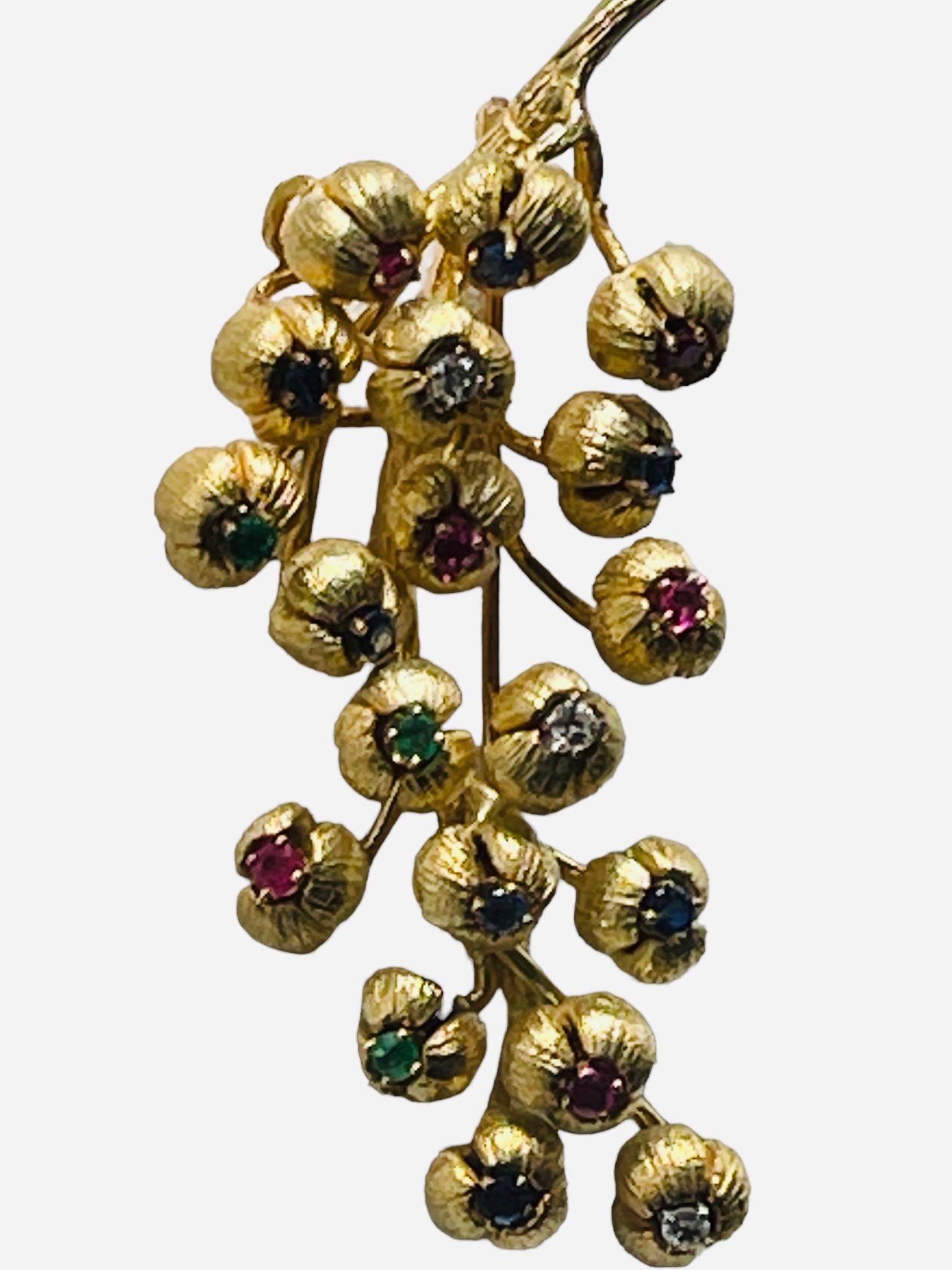 18K Gold Multi Gemstones Diamonds Lilies of the Valley Brooch In Good Condition For Sale In Guaynabo, PR