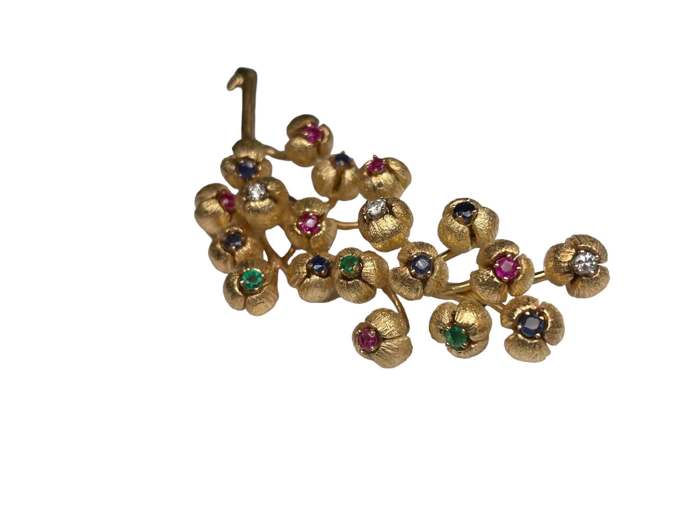 18K Gold Multi Gemstones Diamonds Lilies of the Valley Brooch In Good Condition For Sale In Guaynabo, PR