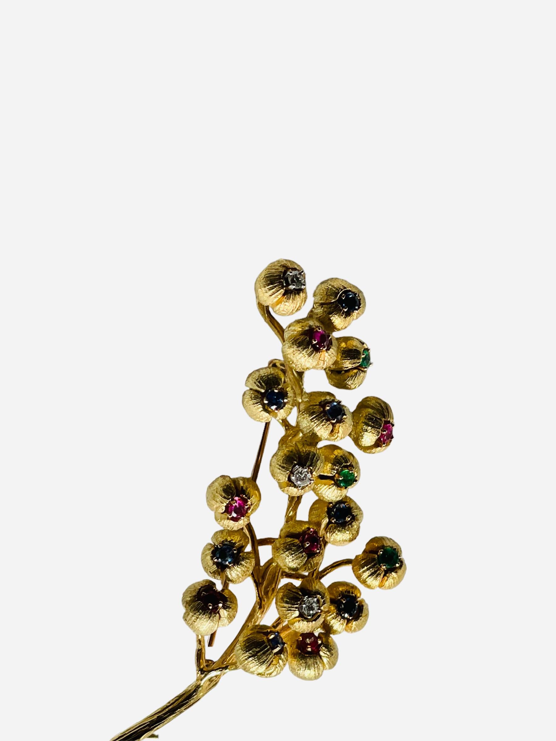 18K Gold Multi Gemstones Diamonds Lilies of the Valley Brooch For Sale 1