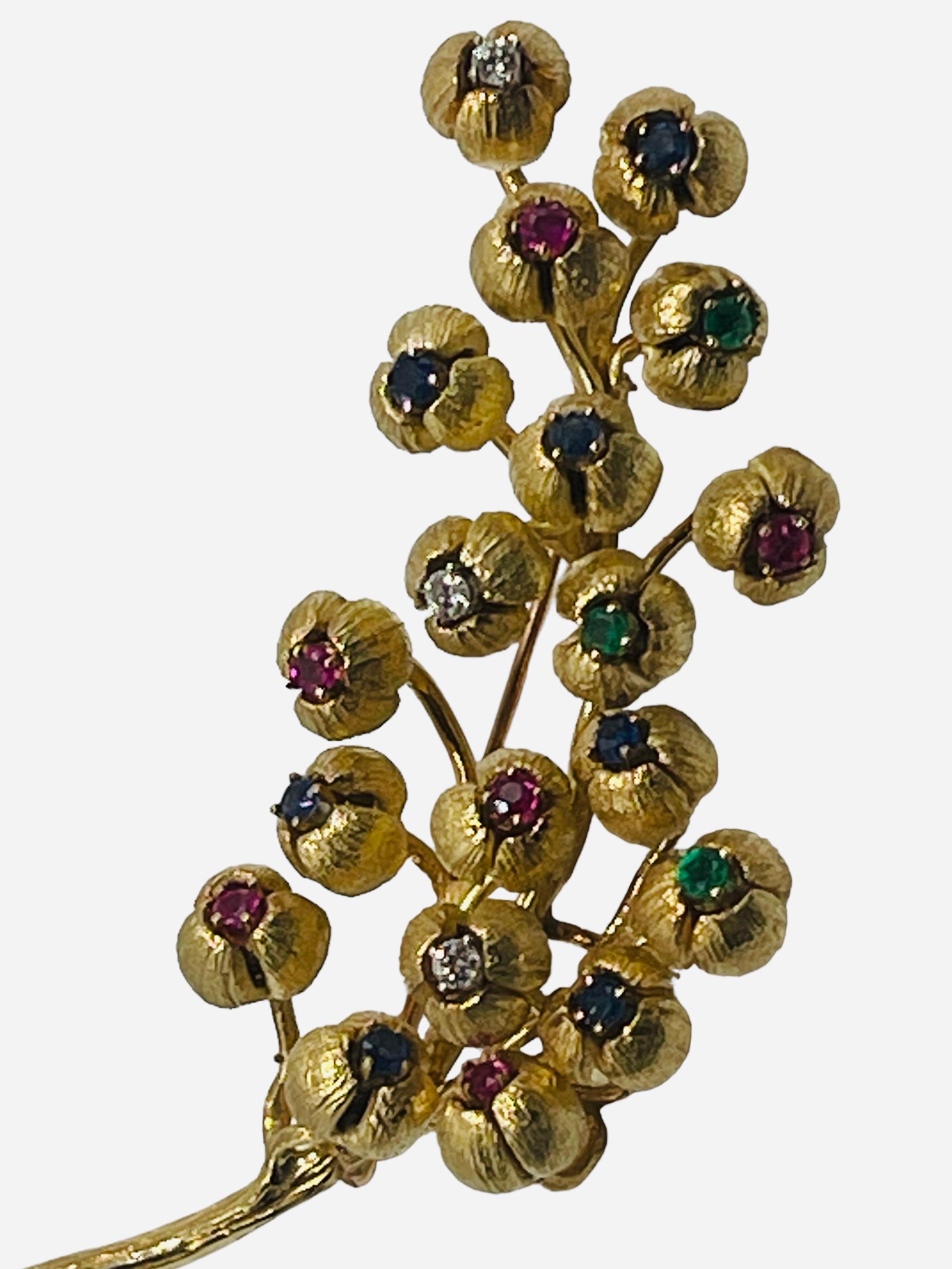 18K Gold Multi Gemstones Diamonds Lilies of the Valley Brooch For Sale 2