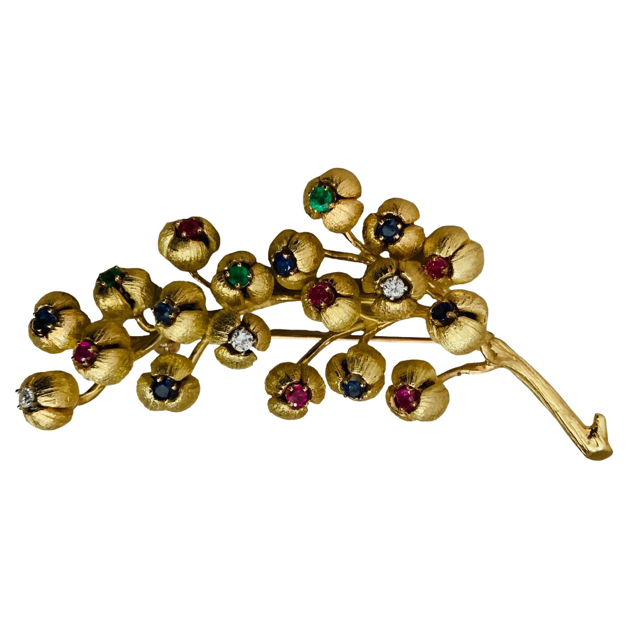 18K Gold Multi Gemstones Diamonds Lilies of the Valley Brooch For Sale