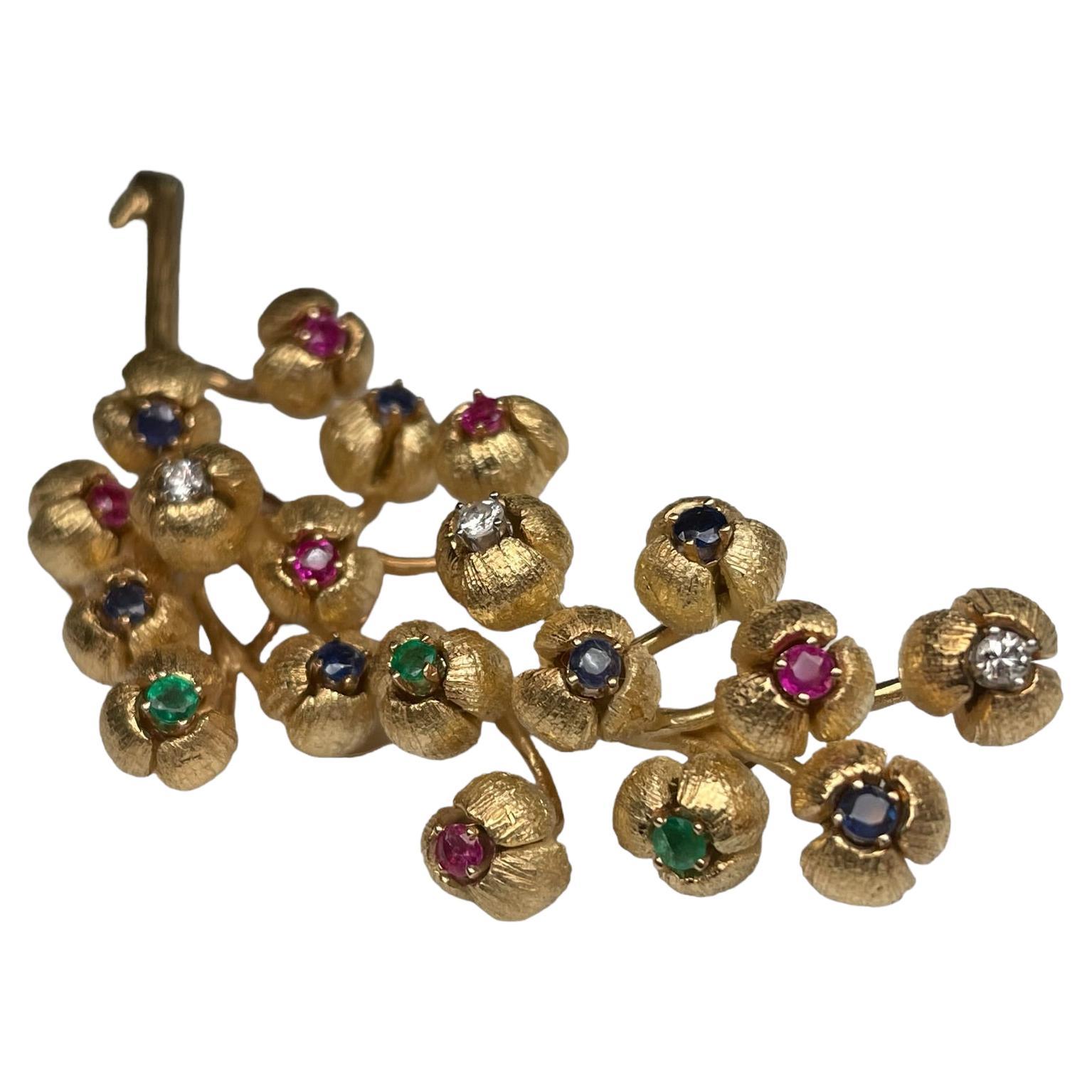 18K Gold Multi Gemstones Diamonds Lilies of the Valley Brooch For Sale