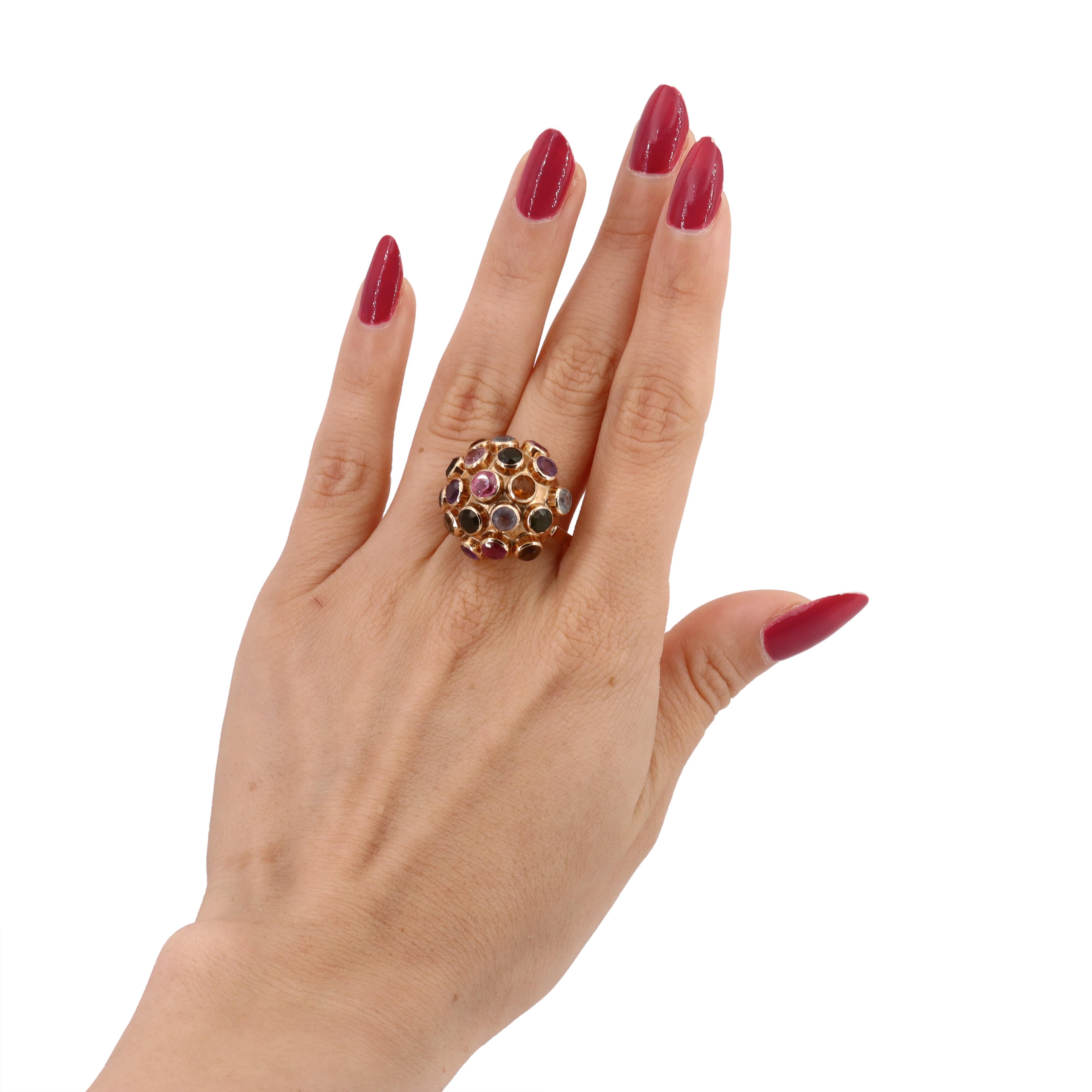 Sputnik set of Clip-on Earrings and Ring crafted in 18k yellow Gold, in style of H Stern. Featuring Round cut Multi Gemstones such us; Topaz, Citrine, Pink and Green Tourmalines. 

This 18k gold sputnik set exudes an iconic and timeless beauty. Its