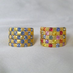 18 Karat Gold Multi Sapphire Checker Board Ring