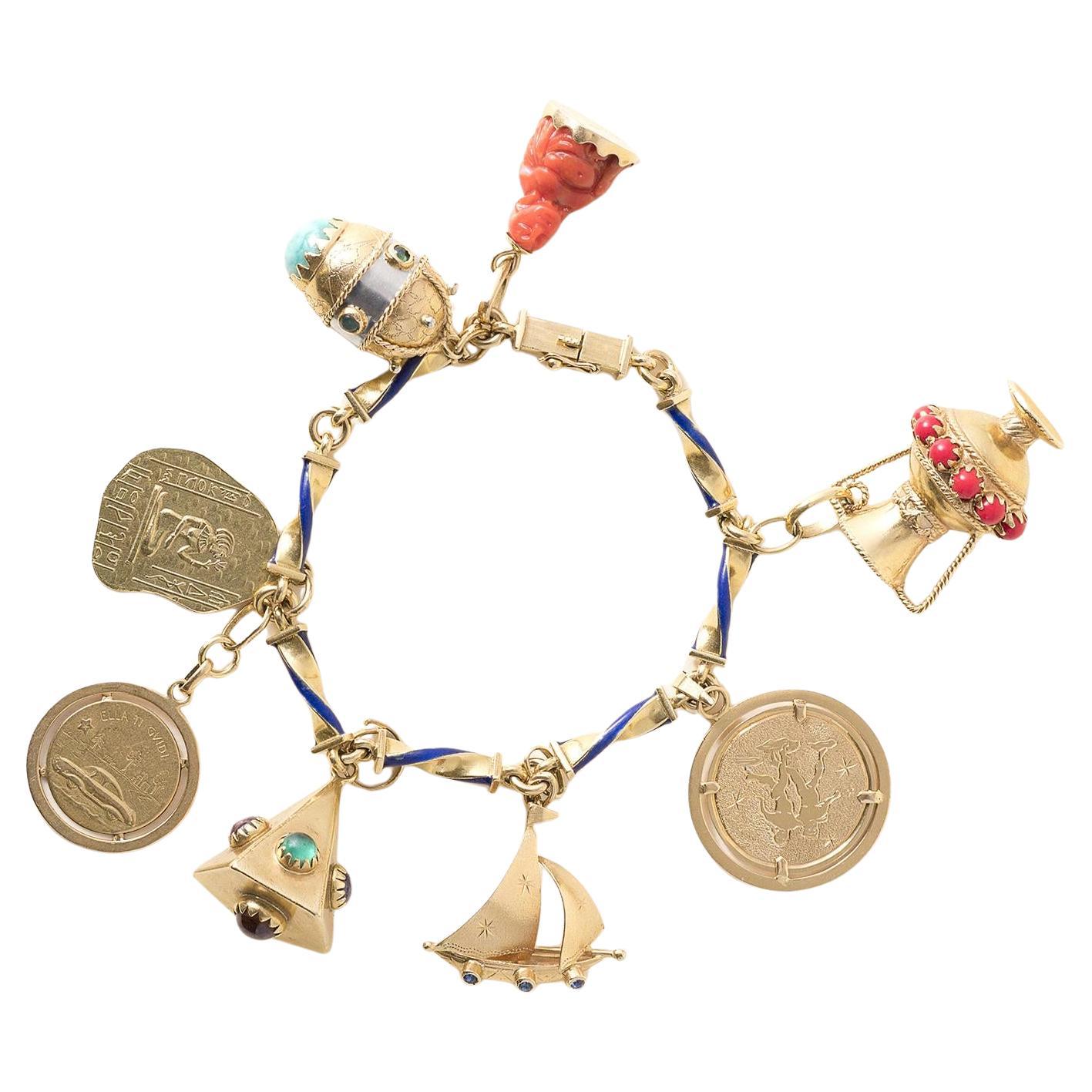Bracciale Charm Multi Vintage in oro 18K su catena con smalto in vendita