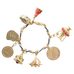 Vintage Italian 18K Gold Multi Charm Bracelet with Enamel Chain, Circa 1950s