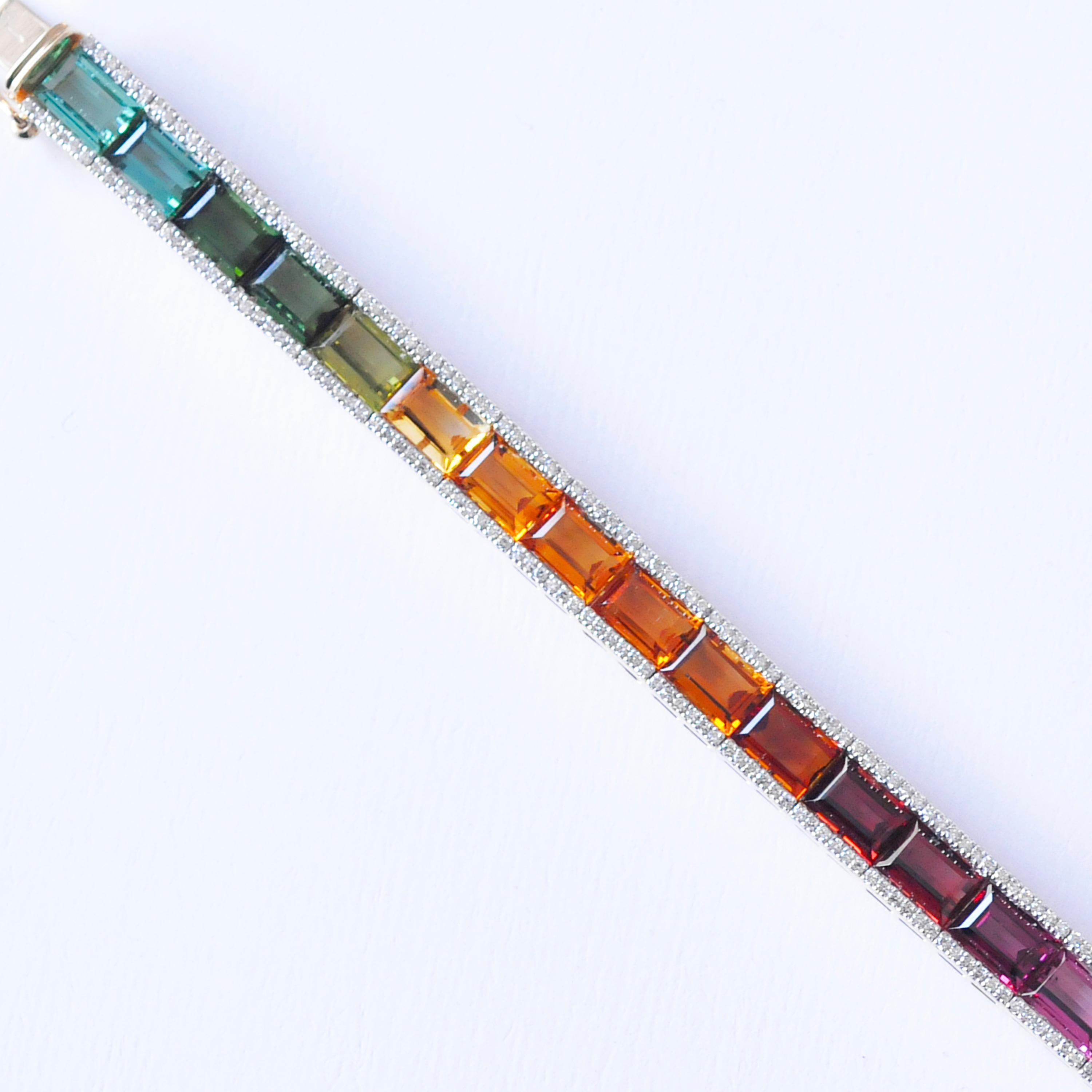 18k Gold Multicolor Baguette Rainbow Gemstone Diamond Tennis Line Bracelet For Sale 4