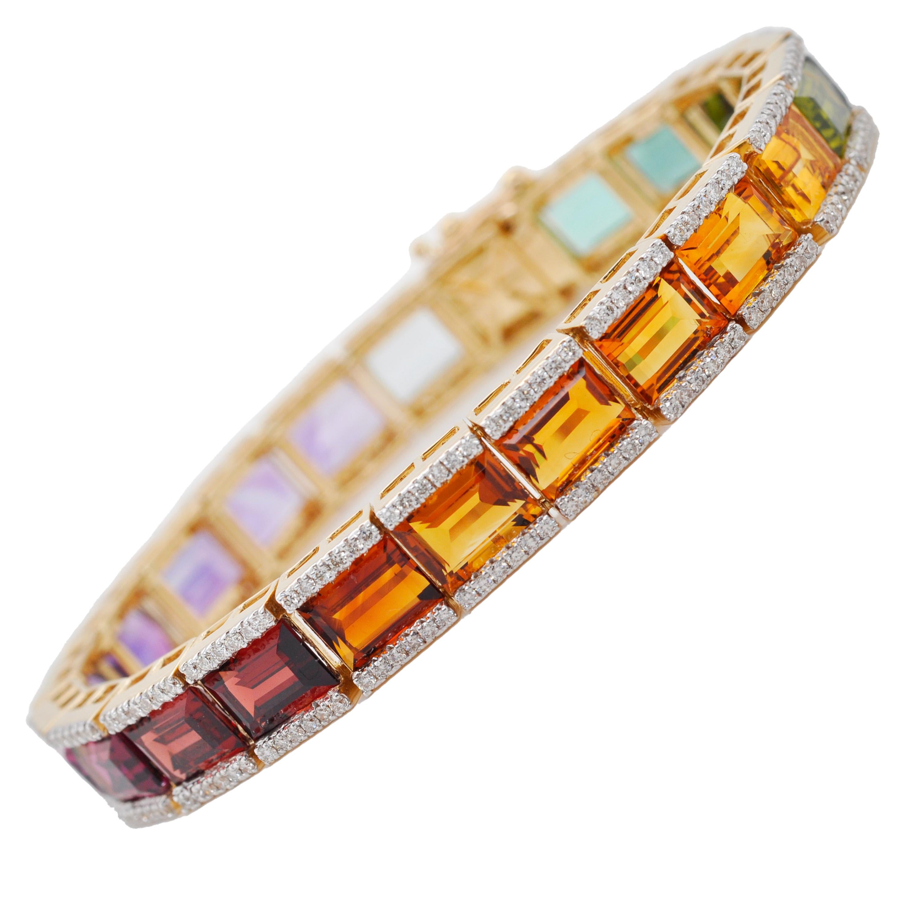 18k Gold Multicolor Baguette Rainbow Gemstone Diamond Tennis Line Bracelet For Sale 5