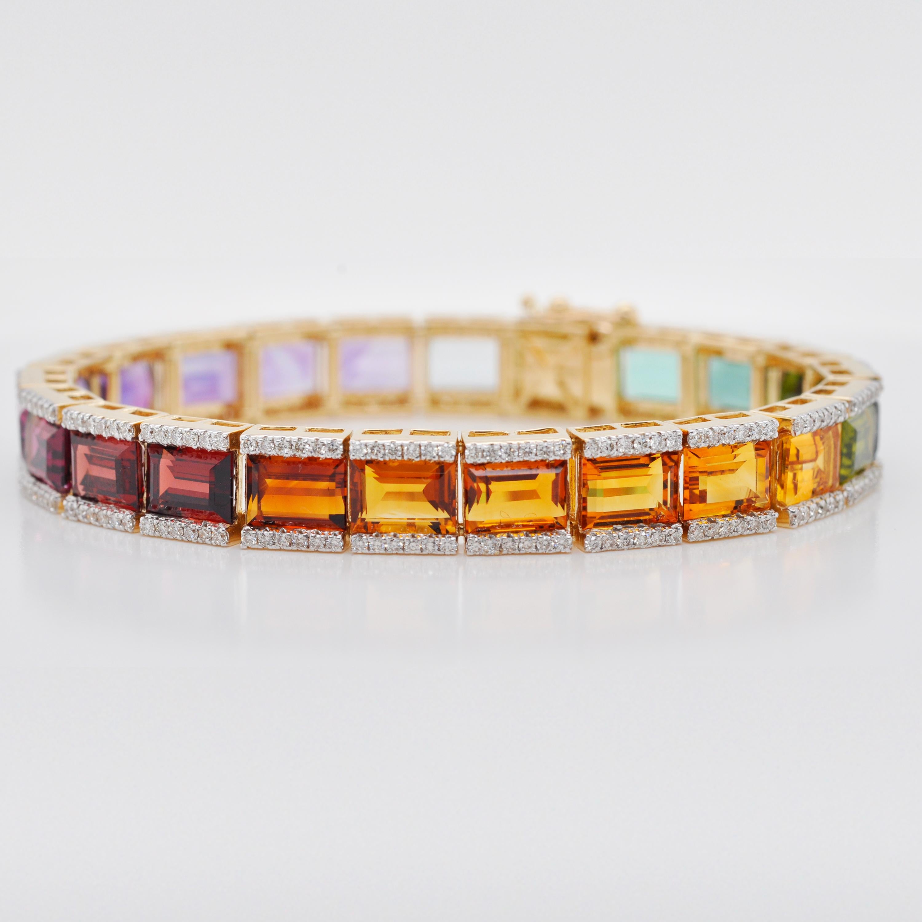 18k Gold Multicolor Baguette Rainbow Gemstone Diamond Tennis Line Bracelet For Sale 6