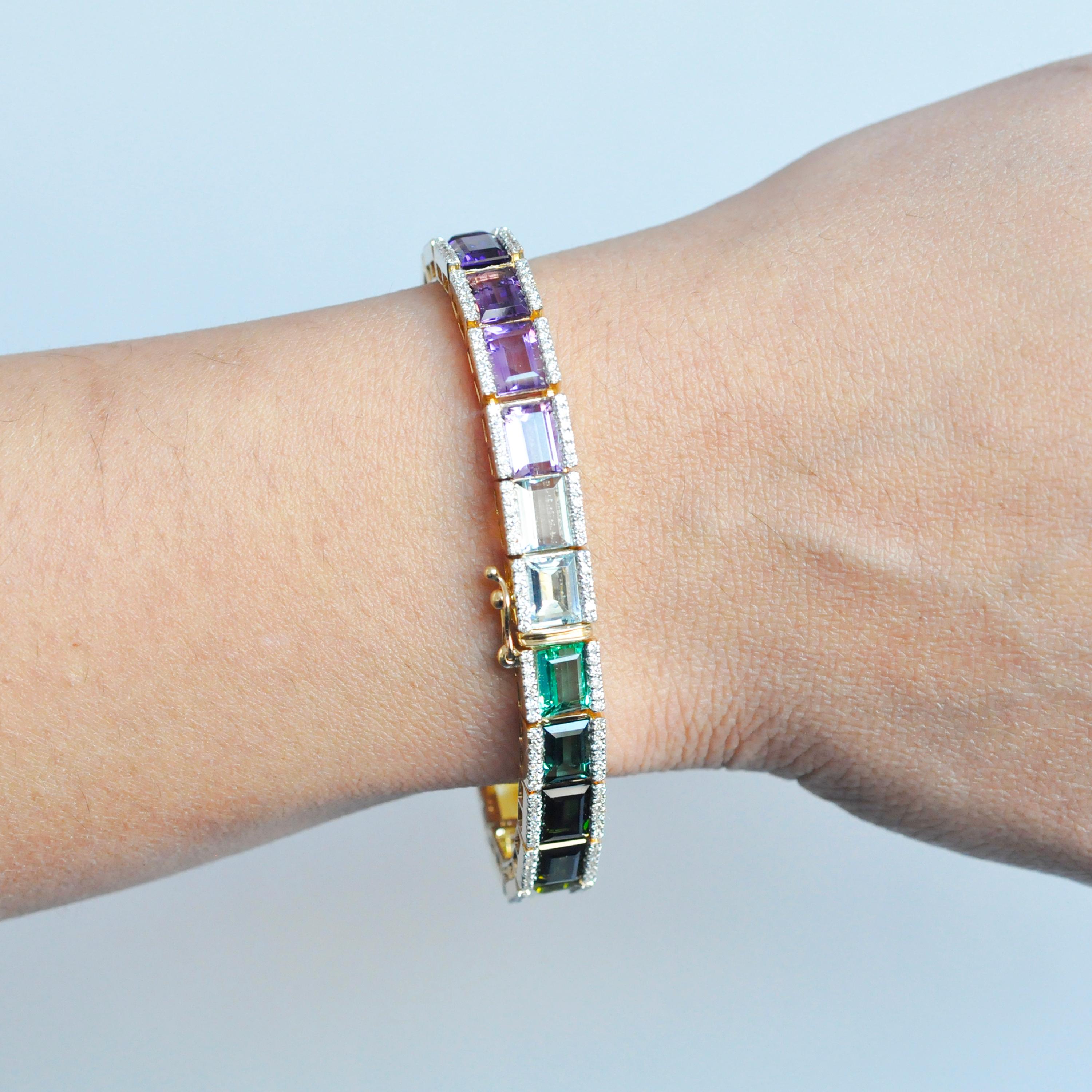 Contemporary 18k Gold Multicolor Baguette Rainbow Gemstone Diamond Tennis Line Bracelet For Sale