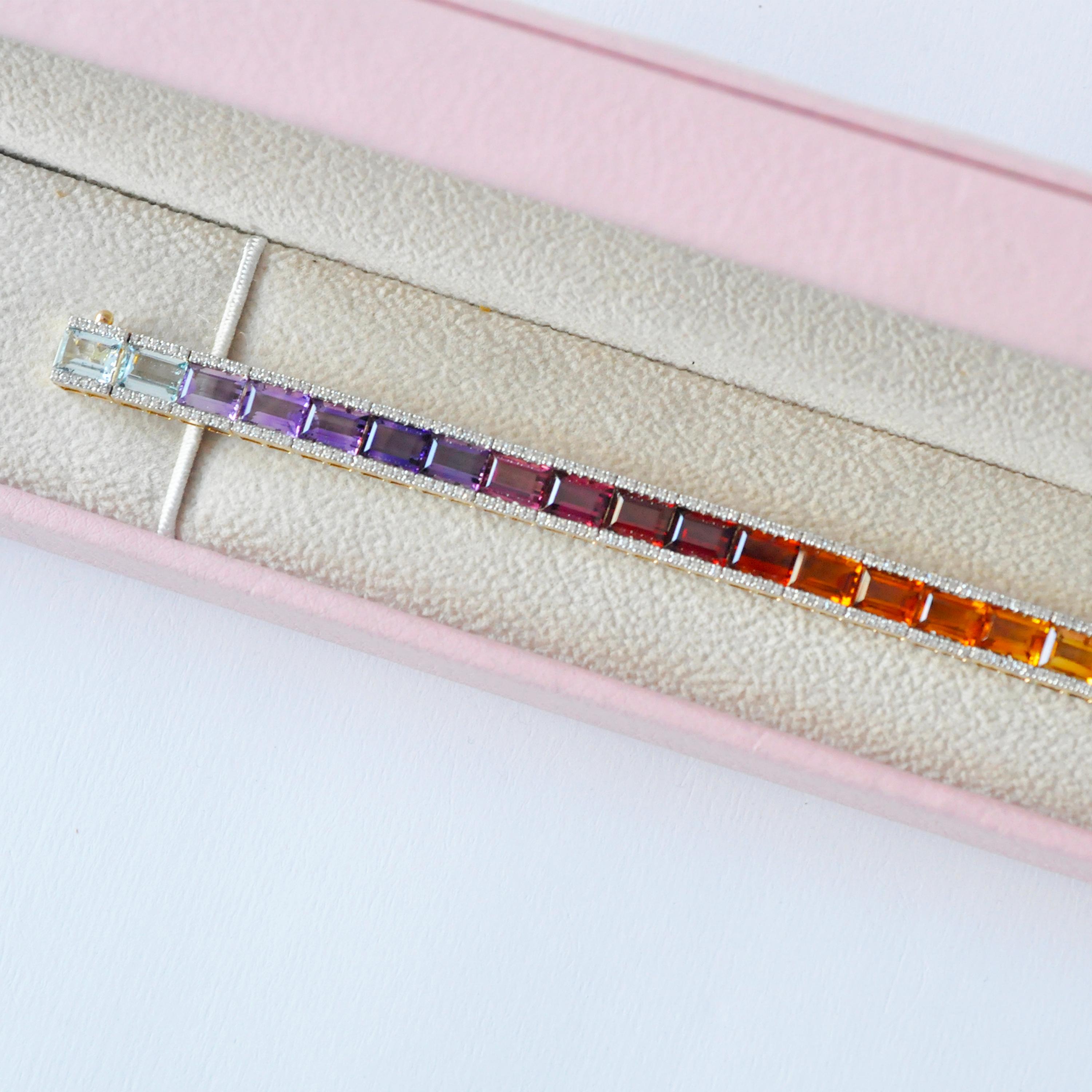 Women's or Men's 18k Gold Multicolor Baguette Rainbow Gemstone Diamond Tennis Line Bracelet For Sale