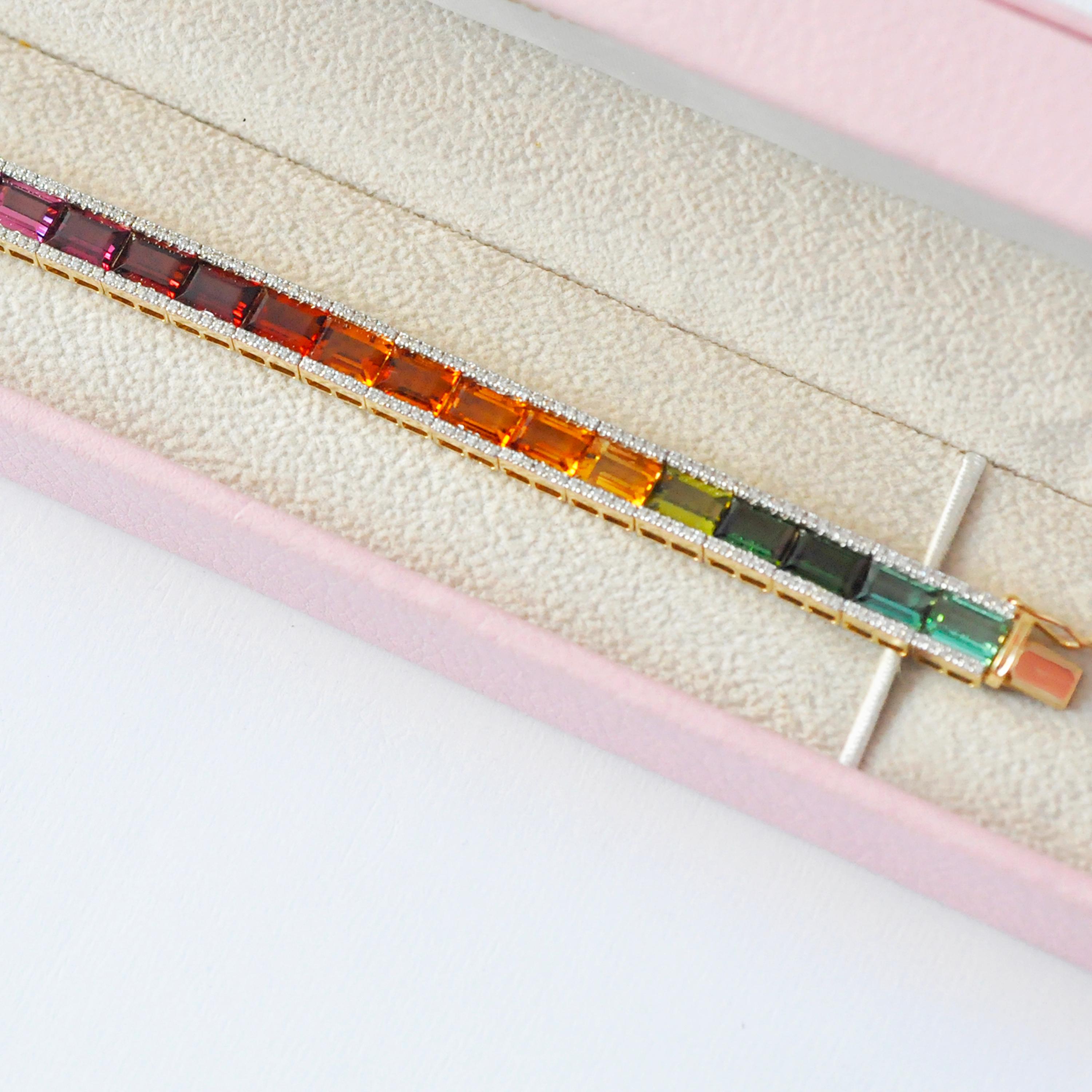 18k Gold Multicolor Baguette Rainbow Gemstone Diamond Tennis Line Bracelet For Sale 1