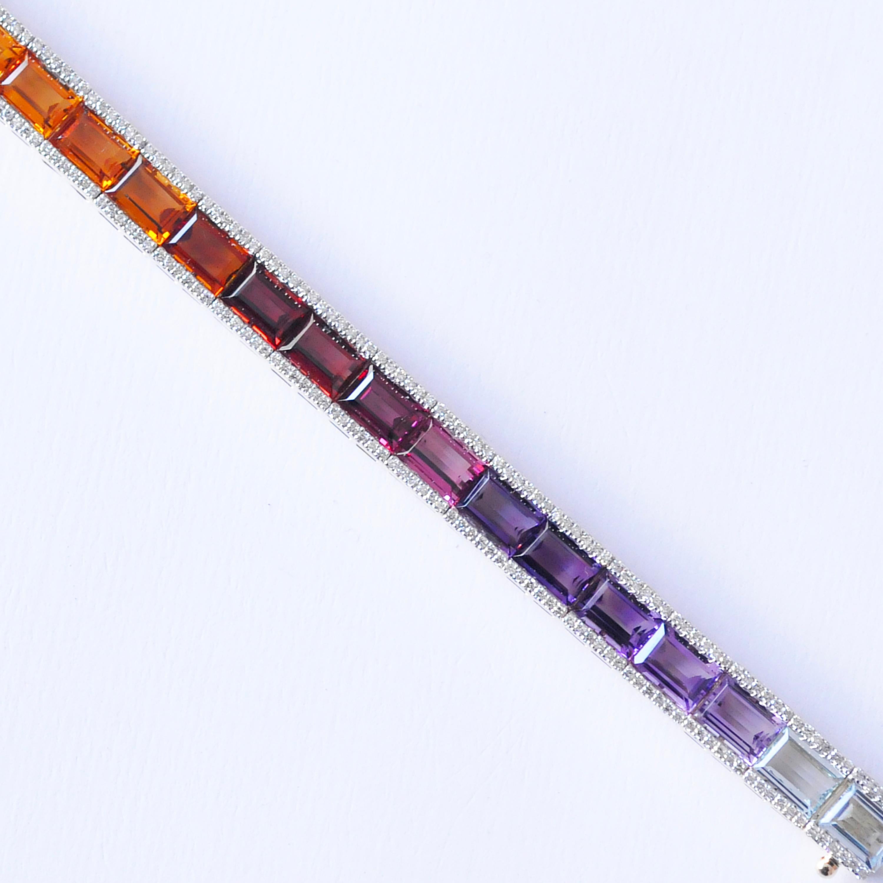 18k Gold Multicolor Baguette Rainbow Gemstone Diamond Tennis Line Bracelet For Sale 3