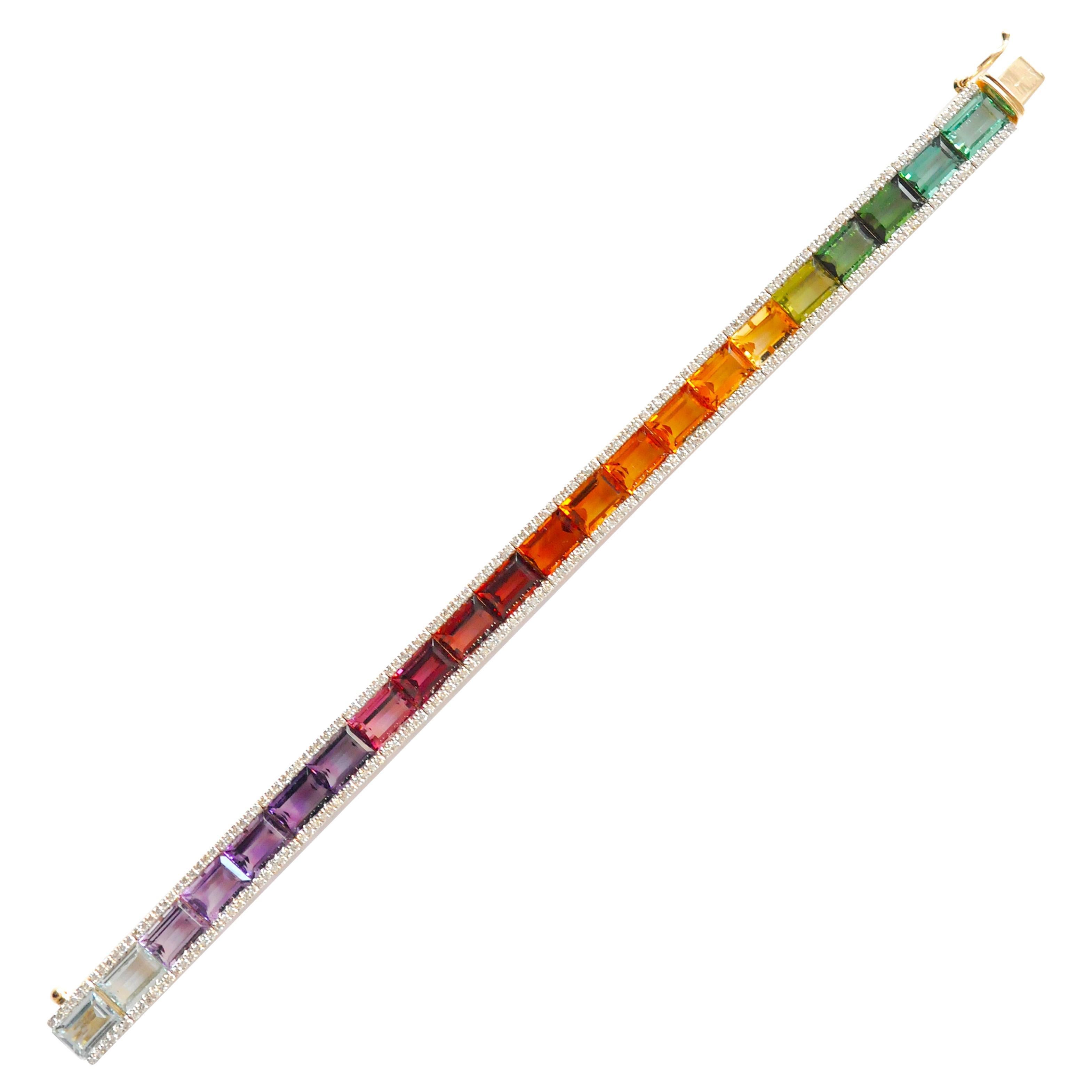 18k Gold Multicolor Baguette Rainbow Gemstone Diamond Tennis Line Bracelet For Sale