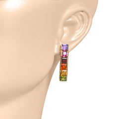 4MM Square Natural Multicolor Rainbow Gemstone Linear Tennis Pride Gold Earrings