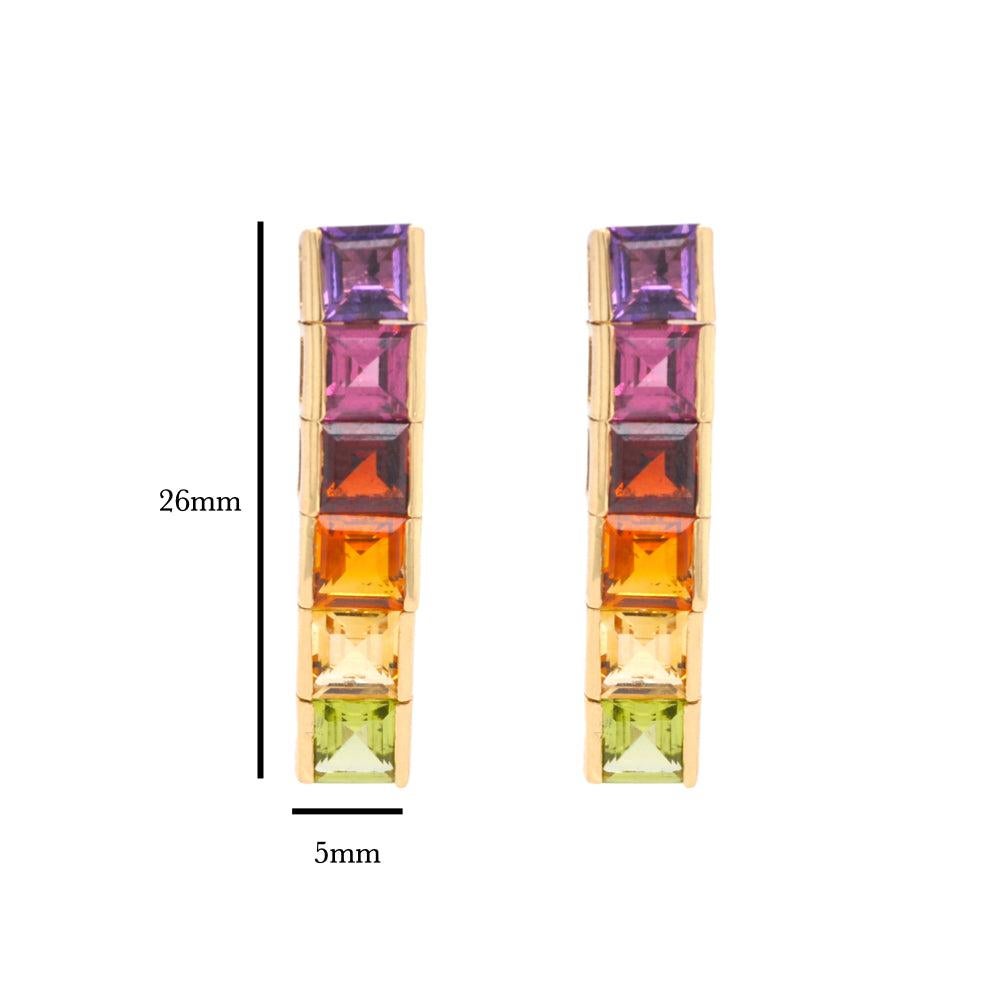 Quadrato Orecchini a forma di arcobaleno in oro 18K con pietre naturali quadrate da 4 mm. in vendita