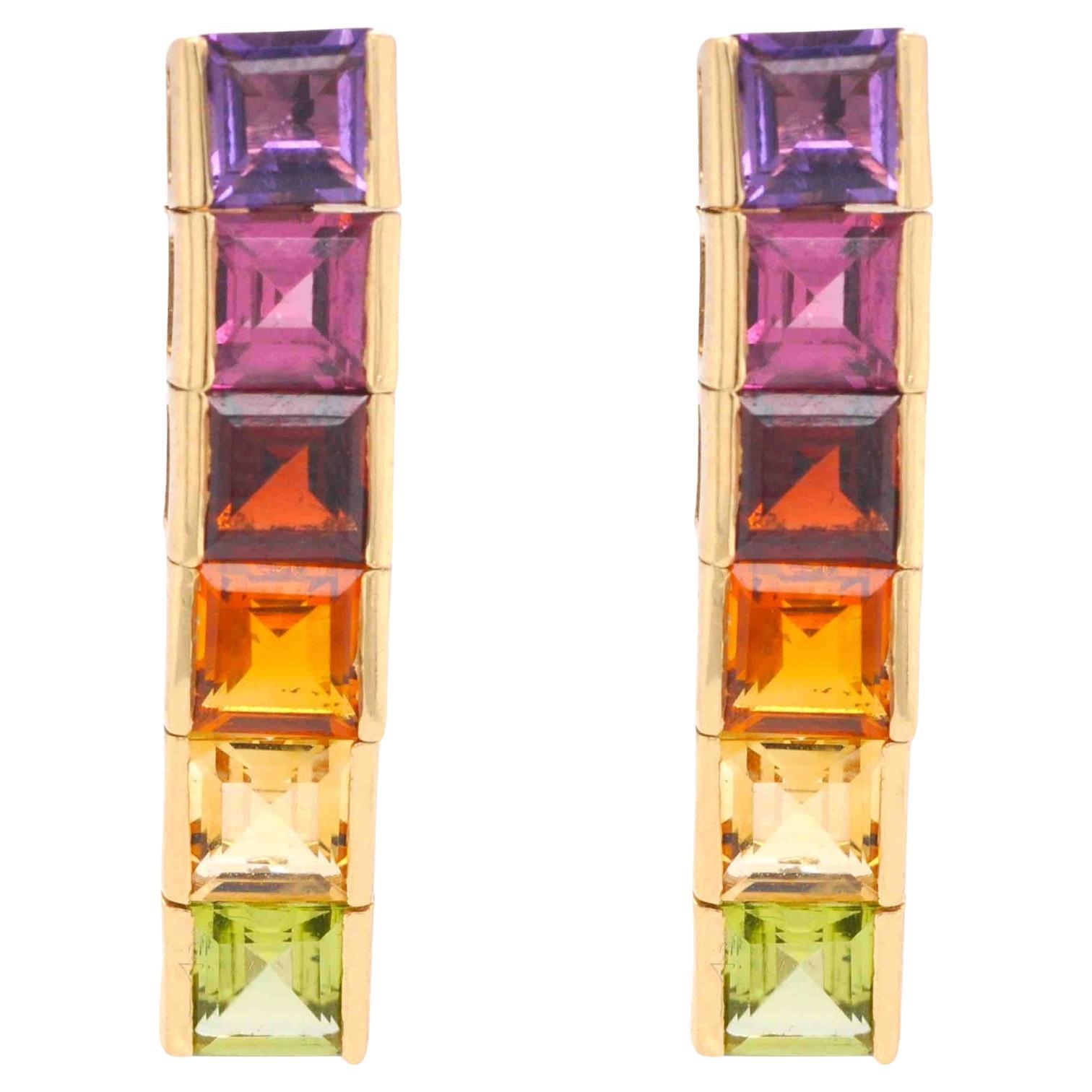 18K Gold Rainbow 4MM Square Natural Gemstones Linear Tennis Pride Earrings