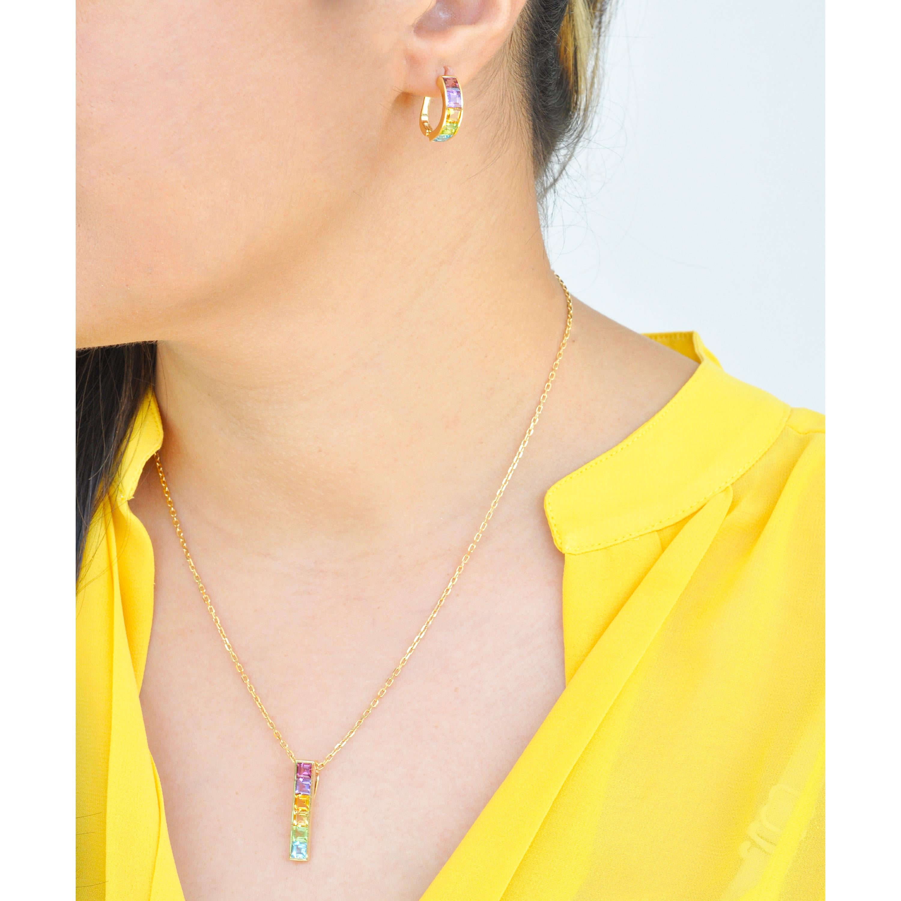 18K Gold Multicolour Linear Rainbow Bar Pendant Necklace Earrings Ring Set For Sale 4