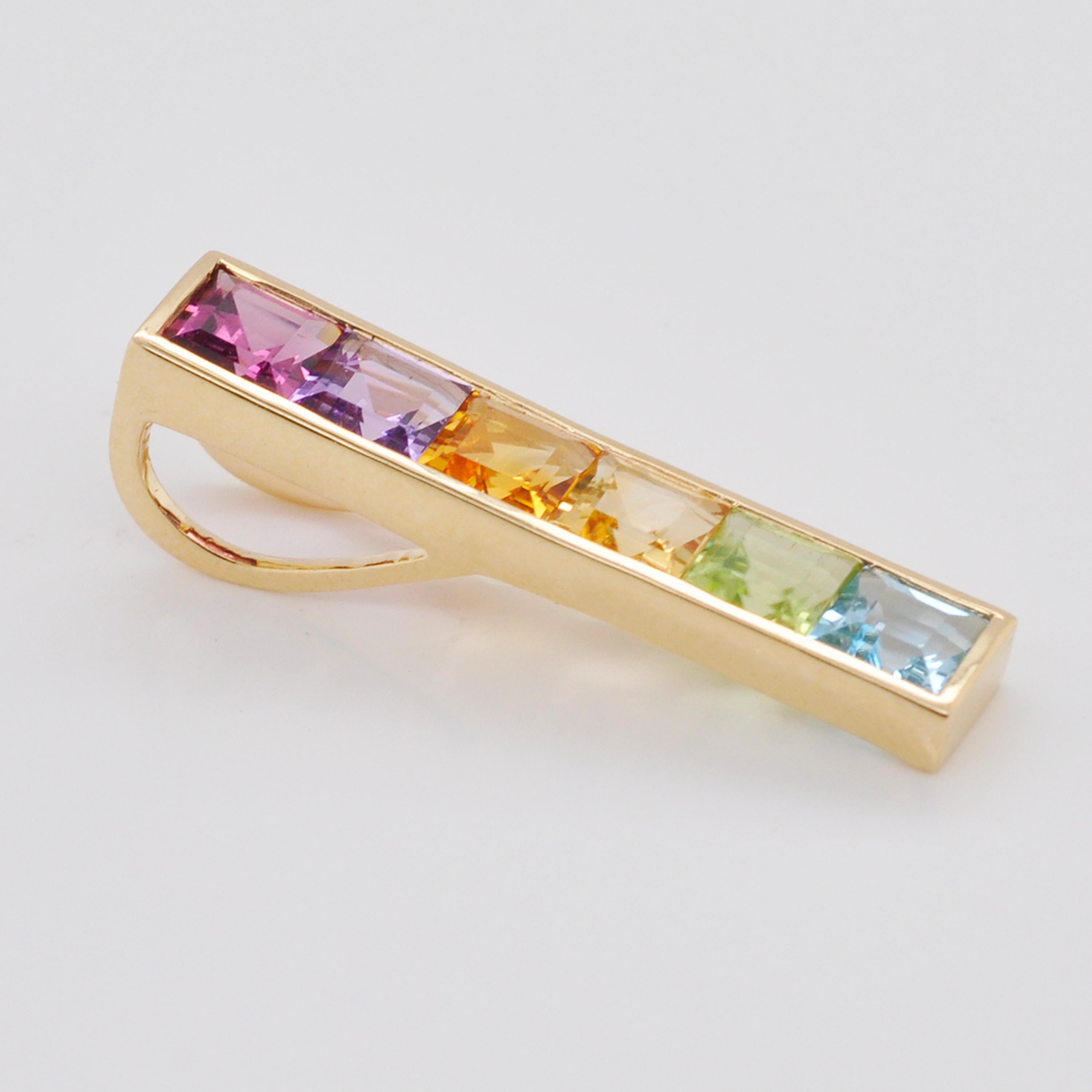 Women's 18K Gold Multicolour Linear Rainbow Bar Pendant Necklace Earrings Ring Set For Sale