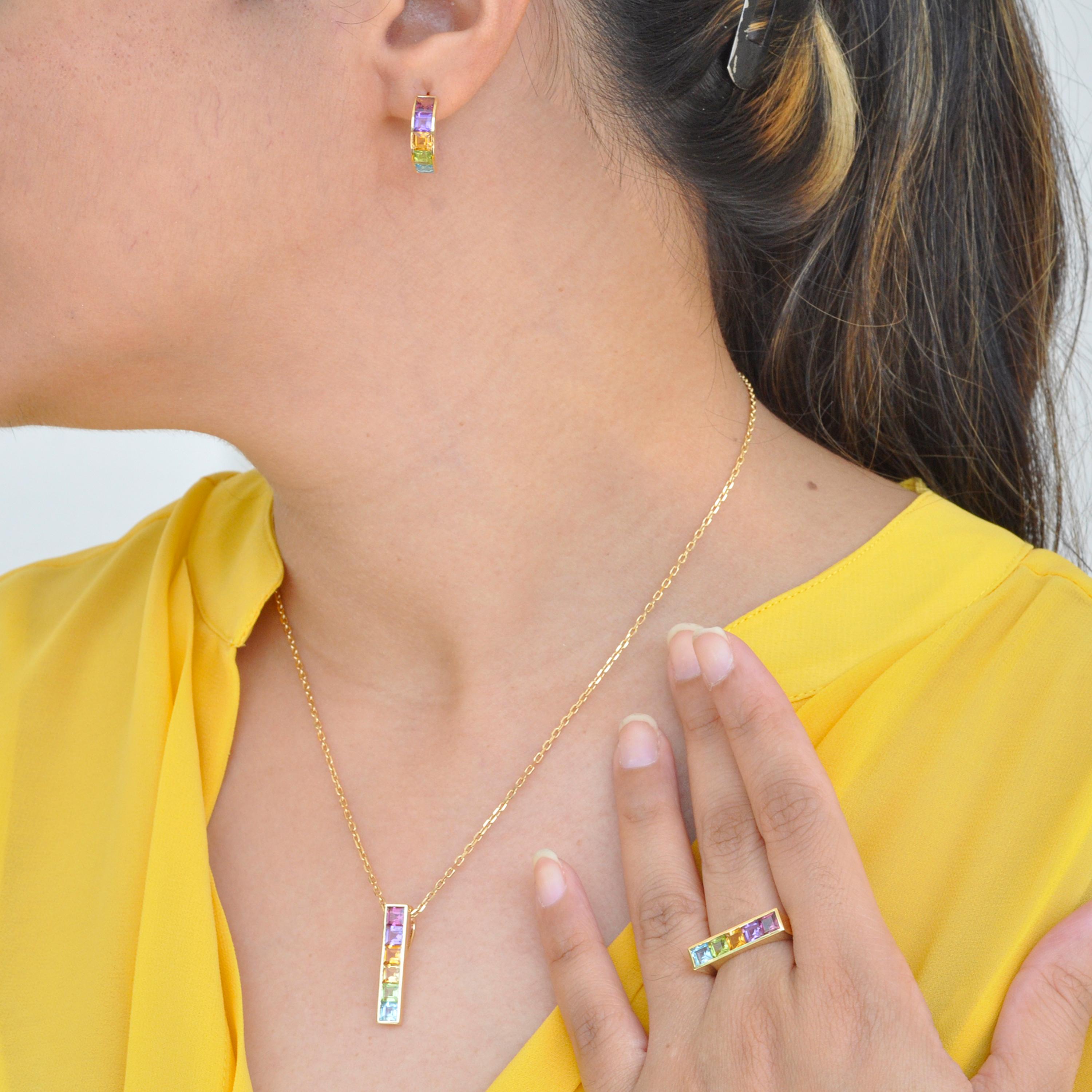 18K Gold Multicolour Linear Rainbow Bar Pendant Necklace Earrings Ring Set For Sale 2