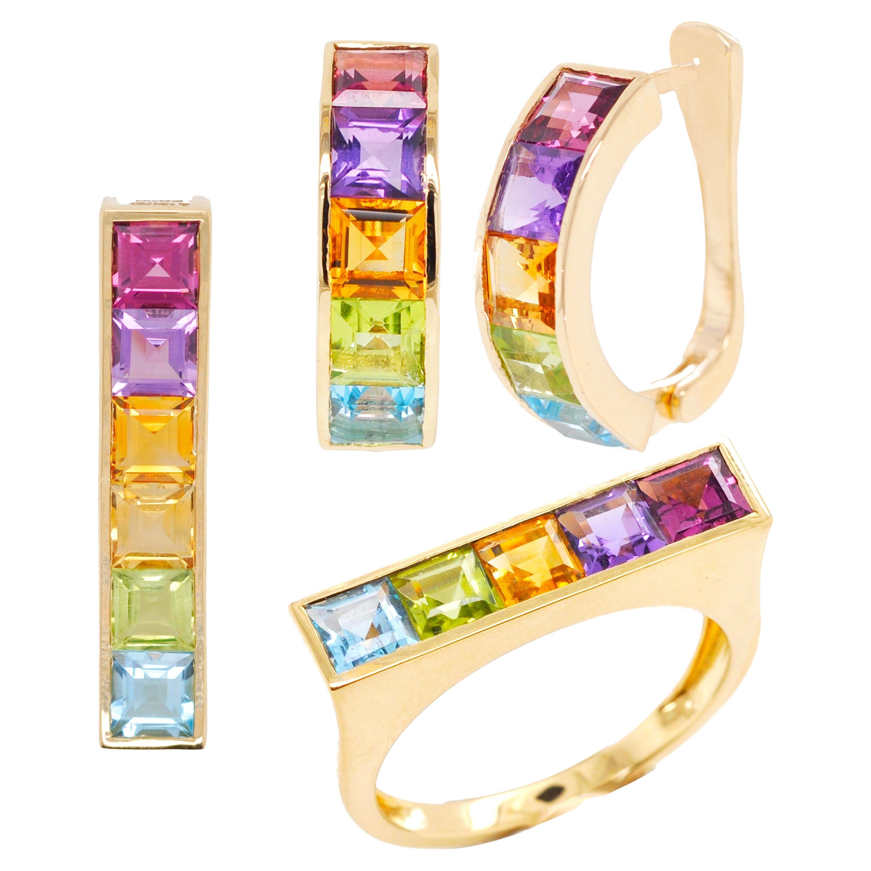 18K Gold Multicolour Linear Rainbow Bar Pendant Necklace Earrings Ring Set For Sale