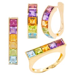 18K Gold Multicolour Linear Rainbow Bar Pride Pendant Necklace Earrings Ring Set