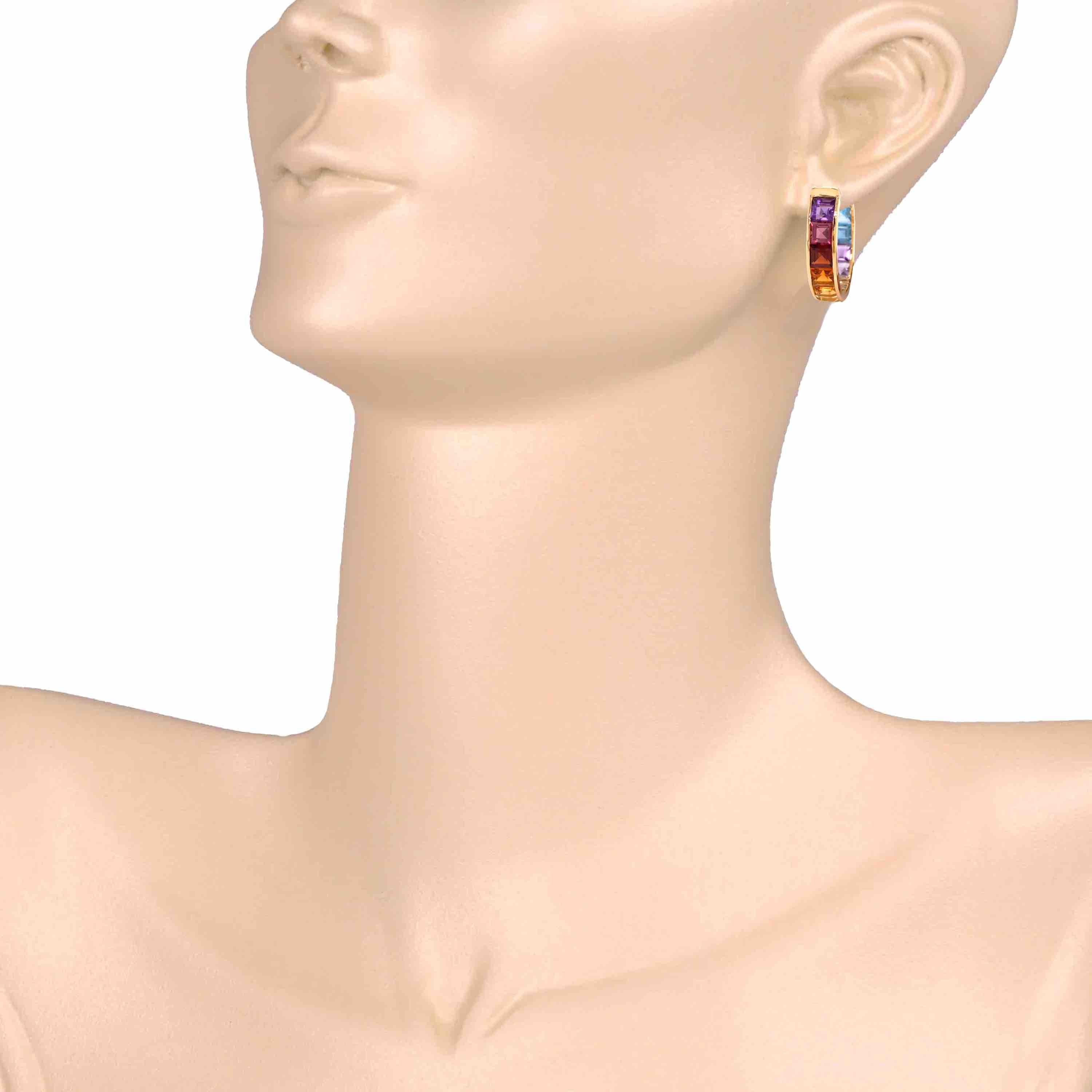 Contemporary 18K Gold Multicolor Rainbow Gemstones Channel Set Hoop Earrings For Sale