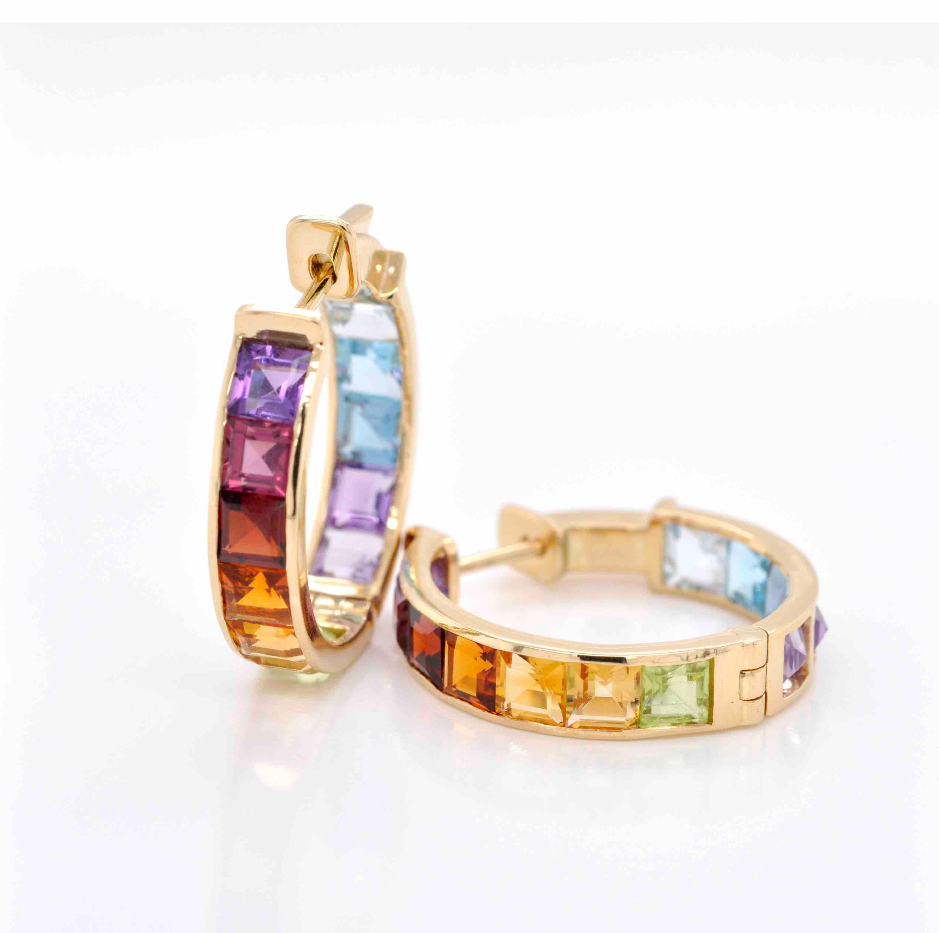 Square Cut 18K Gold Multicolor Rainbow Gemstones Channel Set Hoop Earrings For Sale