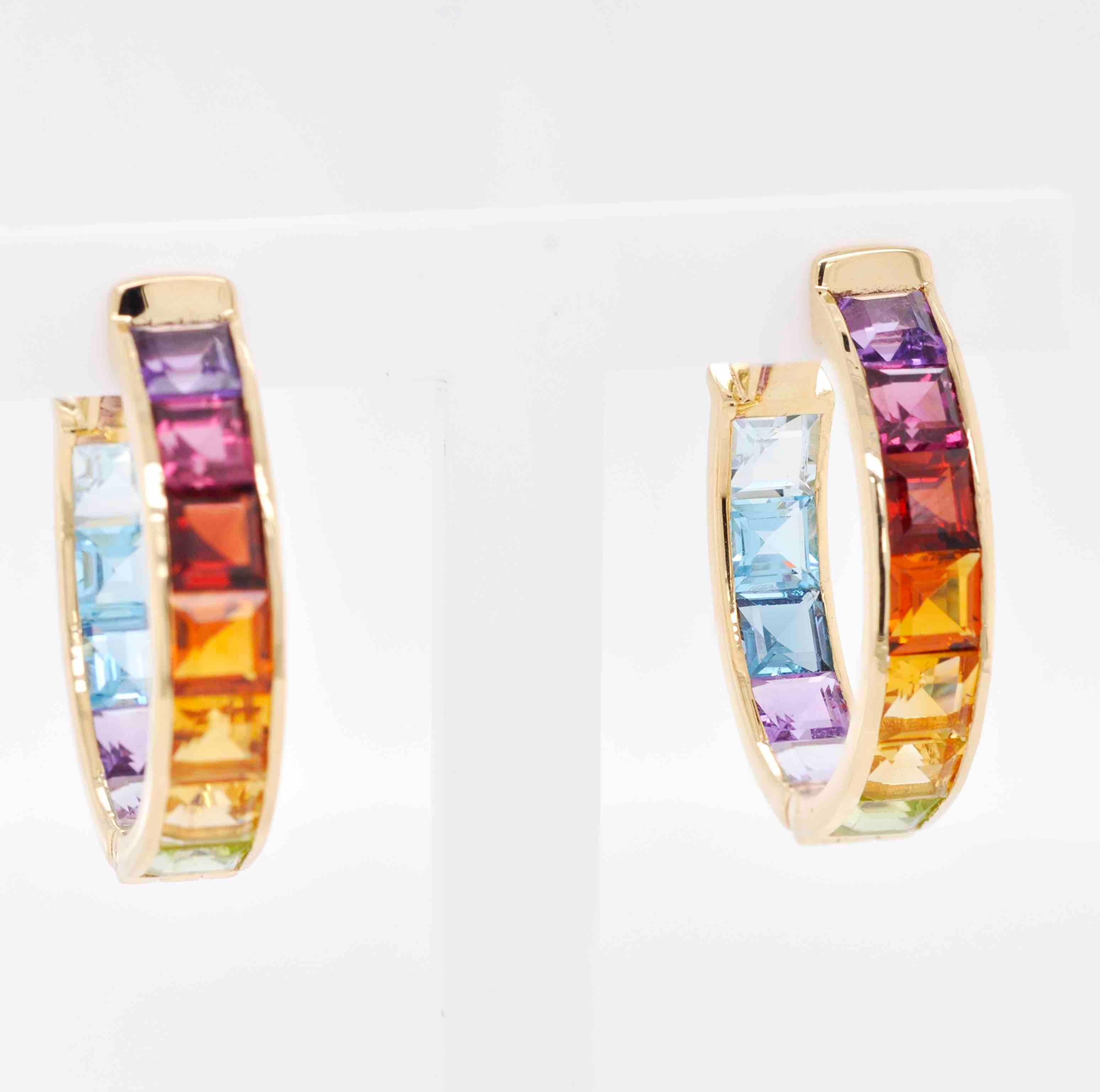 18K Gold Multicolor Rainbow Gemstones Channel Set Hoop Earrings In New Condition For Sale In Jaipur, Rajasthan