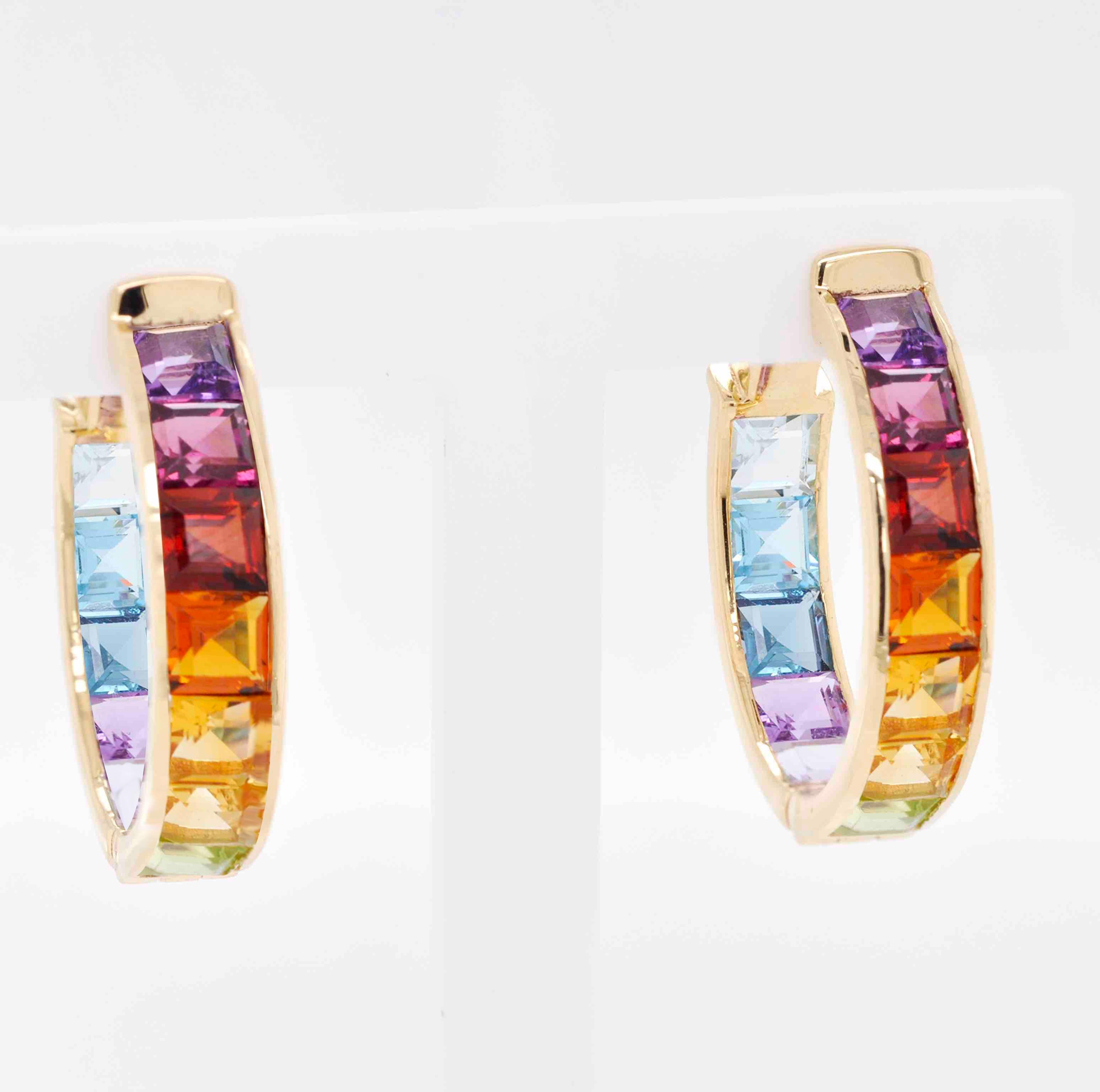 Women's 18K Gold Multicolor Rainbow Gemstones Channel Set Hoop Earrings For Sale