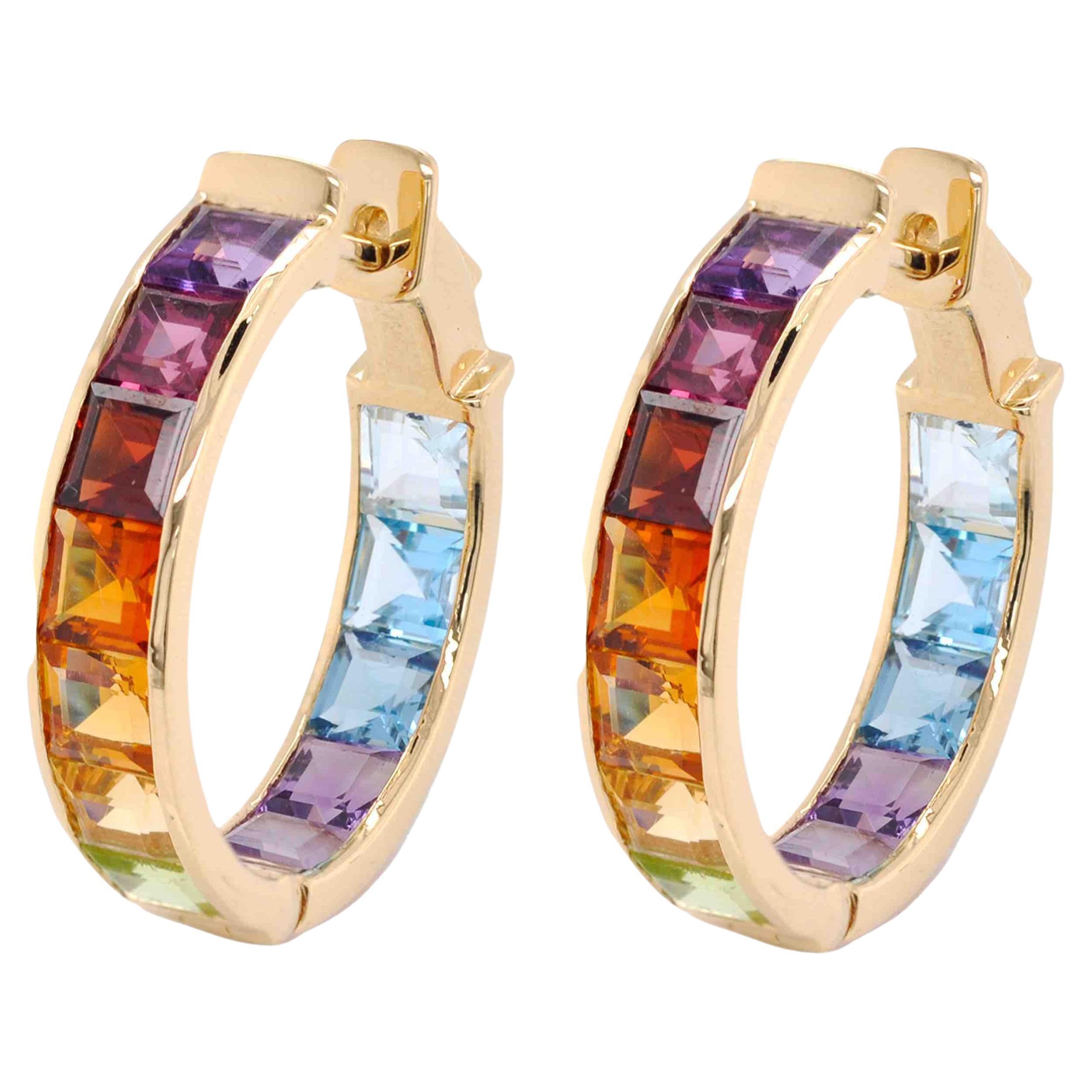 18K Gold Multicolor Rainbow Gemstones Channel Set Hoop Earrings For Sale